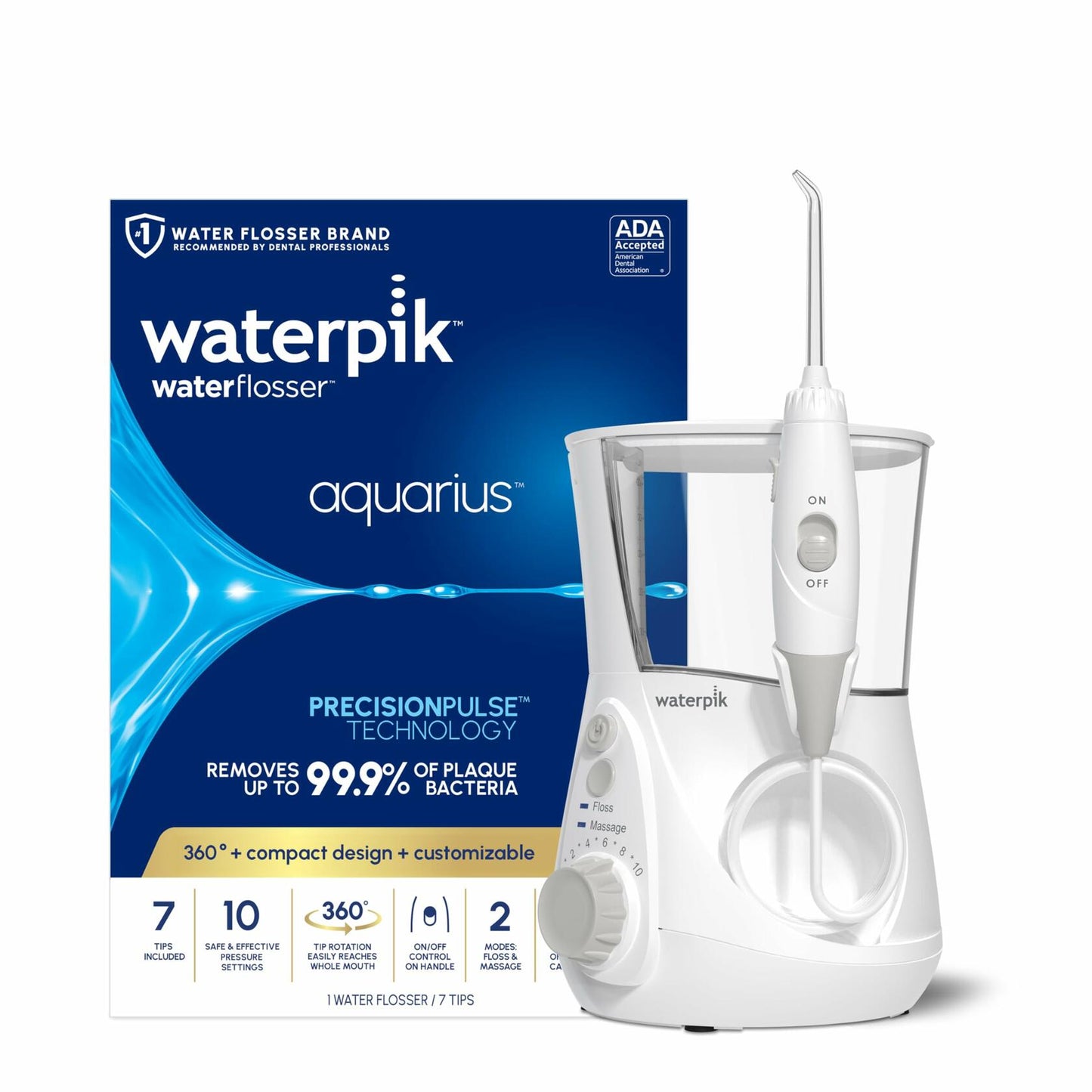 Waterpik Aquarius Water Flosser Professional For Teeth, Gums, Braces, Dental Care, Electric Power With 10 Settings, 7 Tips For Multiple Users And Needs, ADA Accepted, White WP-660