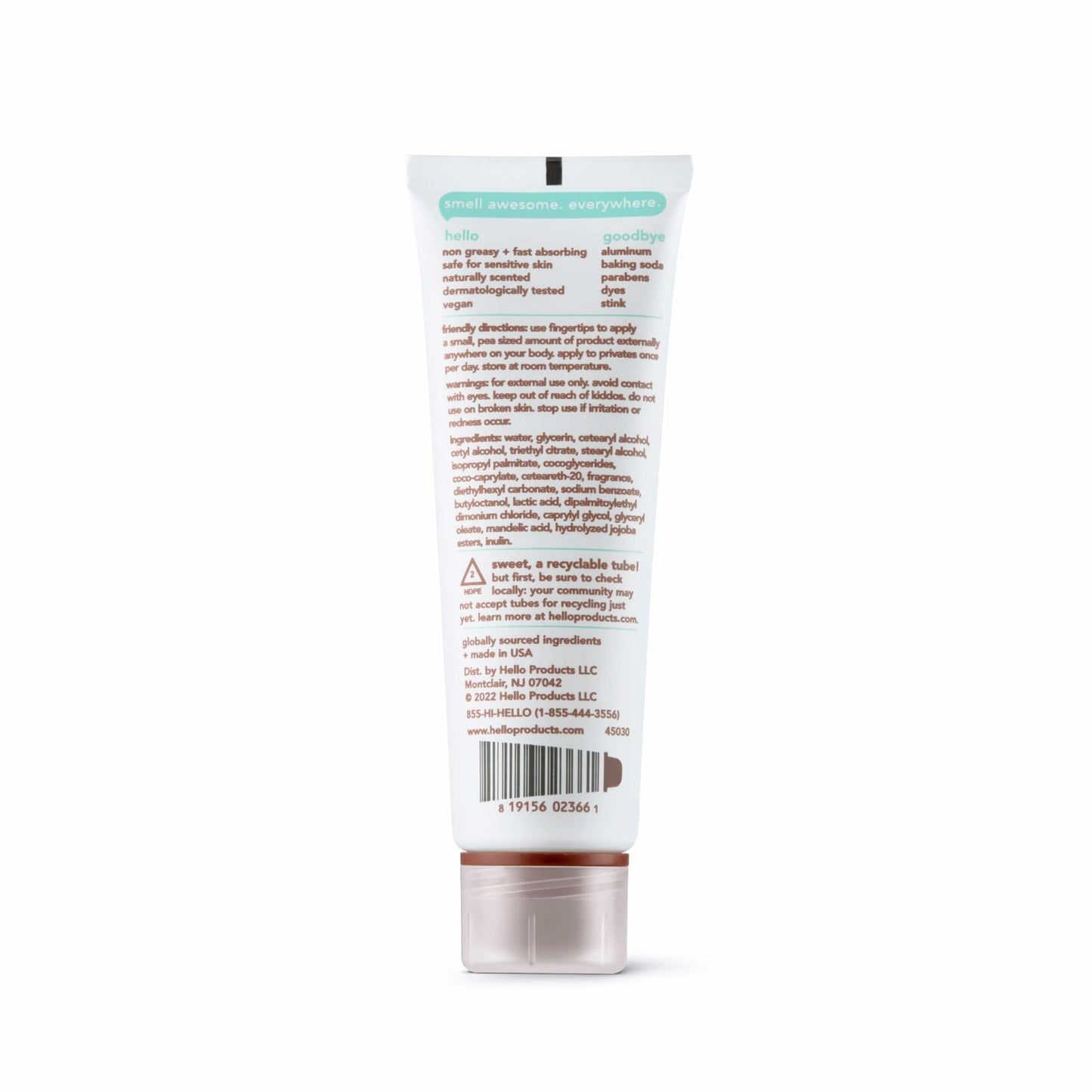 hello All Over Sweet Coconut Deodorant Cream, Aluminum Free Deodorant Cream for Pits, Privates + More, Offers 72 Hours of Freshness, Safe for Sensitive Skin, Vegan, 1 Pack, 3 Oz Tube