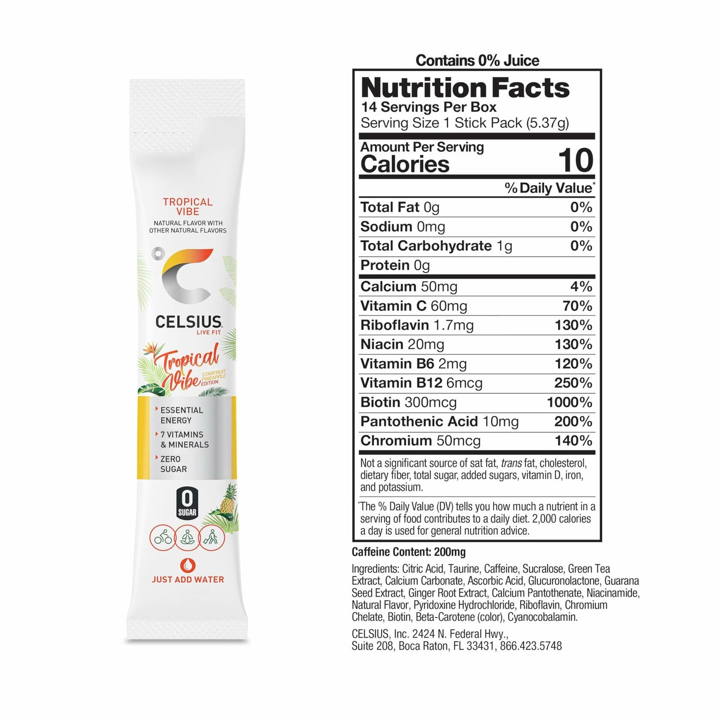 CELSIUS On The Go TROPICAL VIBE, Sugar Free Energy Drink Mix (14 Sticks per Pack)