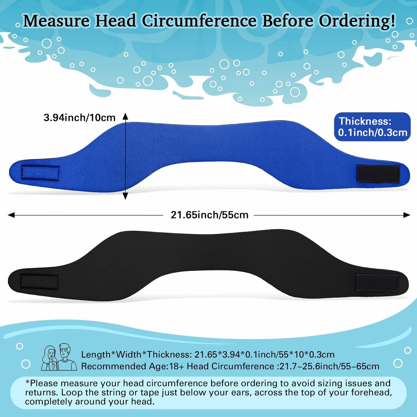 Lunmon 2 Pairs Swimming Headbands Adjustable Water Headbands for Adults Waterproof Safety Earplugs Swimming Earband Protectors for Pool, Surfing, Diving and Water Sports(Black,Navy Blue)