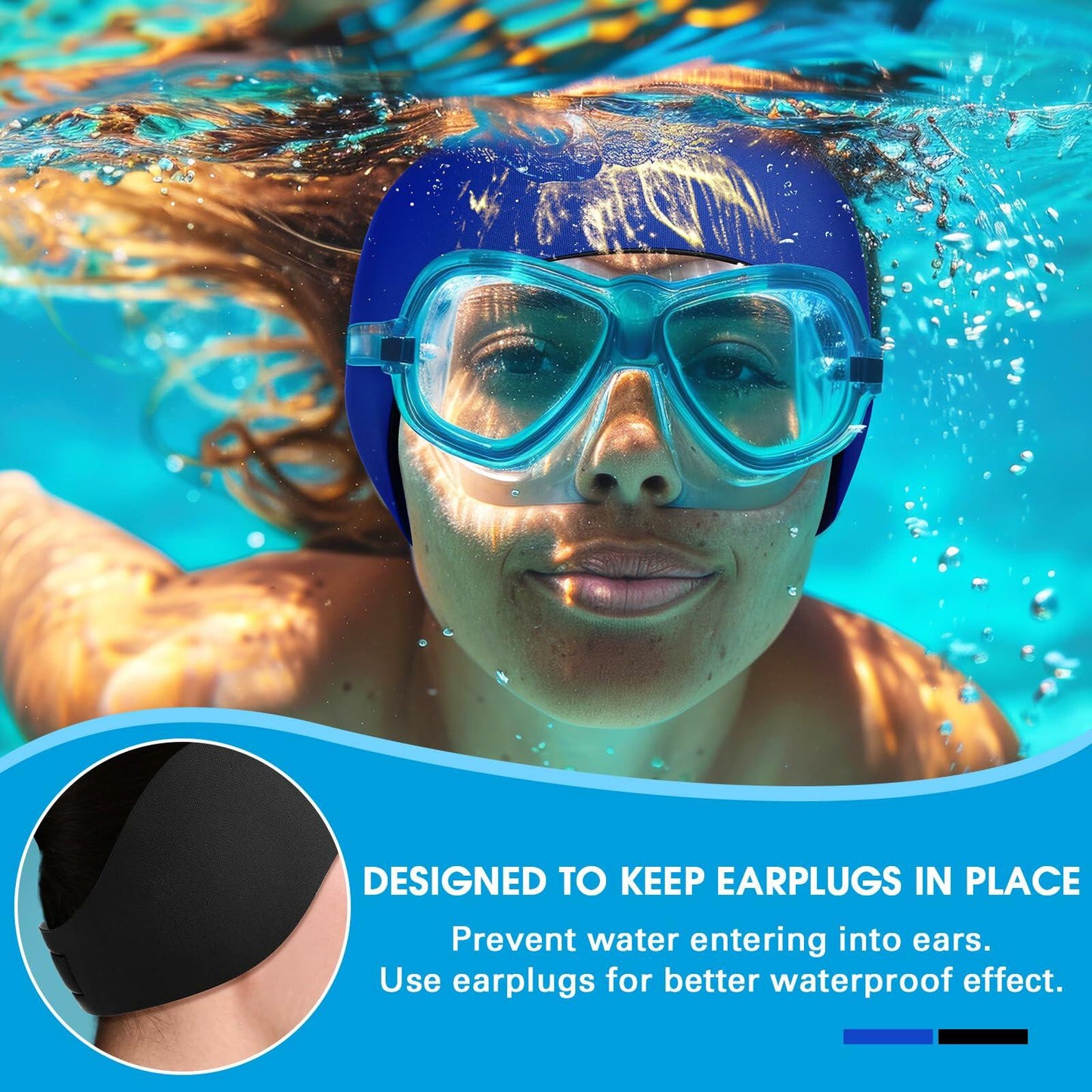 Lunmon 2 Pairs Swimming Headbands Adjustable Water Headbands for Adults Waterproof Safety Earplugs Swimming Earband Protectors for Pool, Surfing, Diving and Water Sports(Black,Navy Blue)