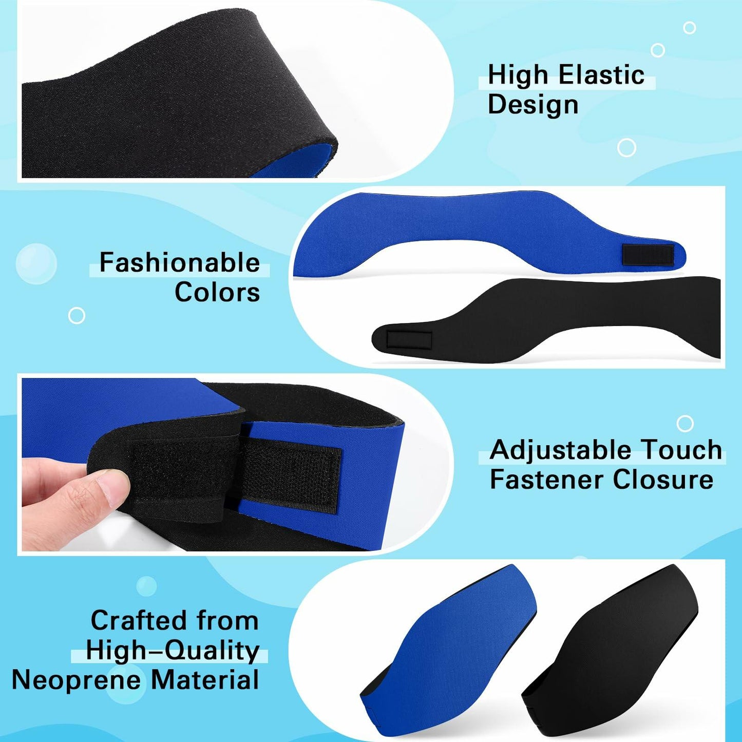 Lunmon 2 Pairs Swimming Headbands Adjustable Water Headbands for Adults Waterproof Safety Earplugs Swimming Earband Protectors for Pool, Surfing, Diving and Water Sports(Black,Navy Blue)