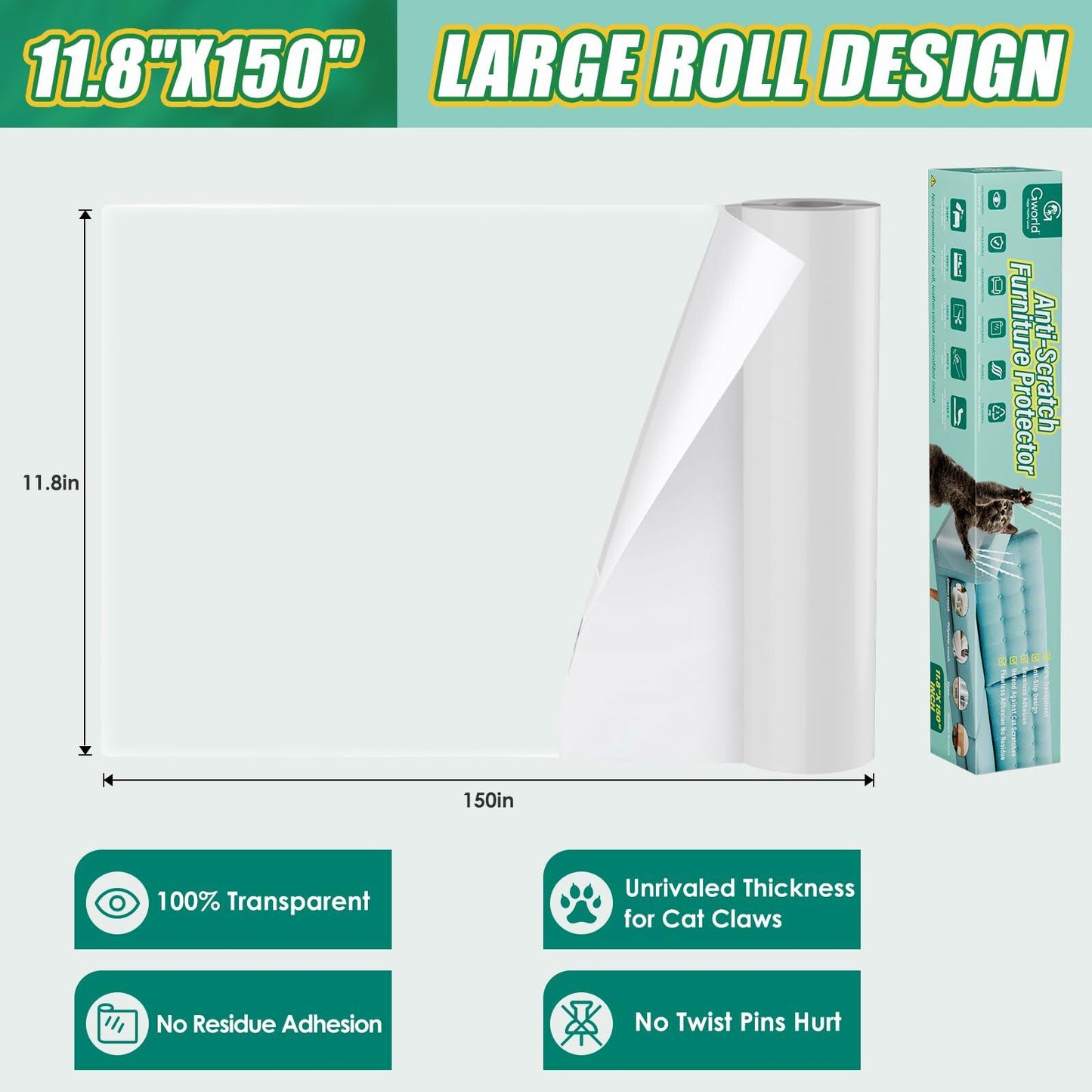 NO PINS Pain Cat Scratch Furniture Protector Thicken Self-Adhesive Single Side Couch Protector from Cat Claws,Furniture Protectors from Cats Scratching,Anti Scratch Deterren Protectors 150"x12"