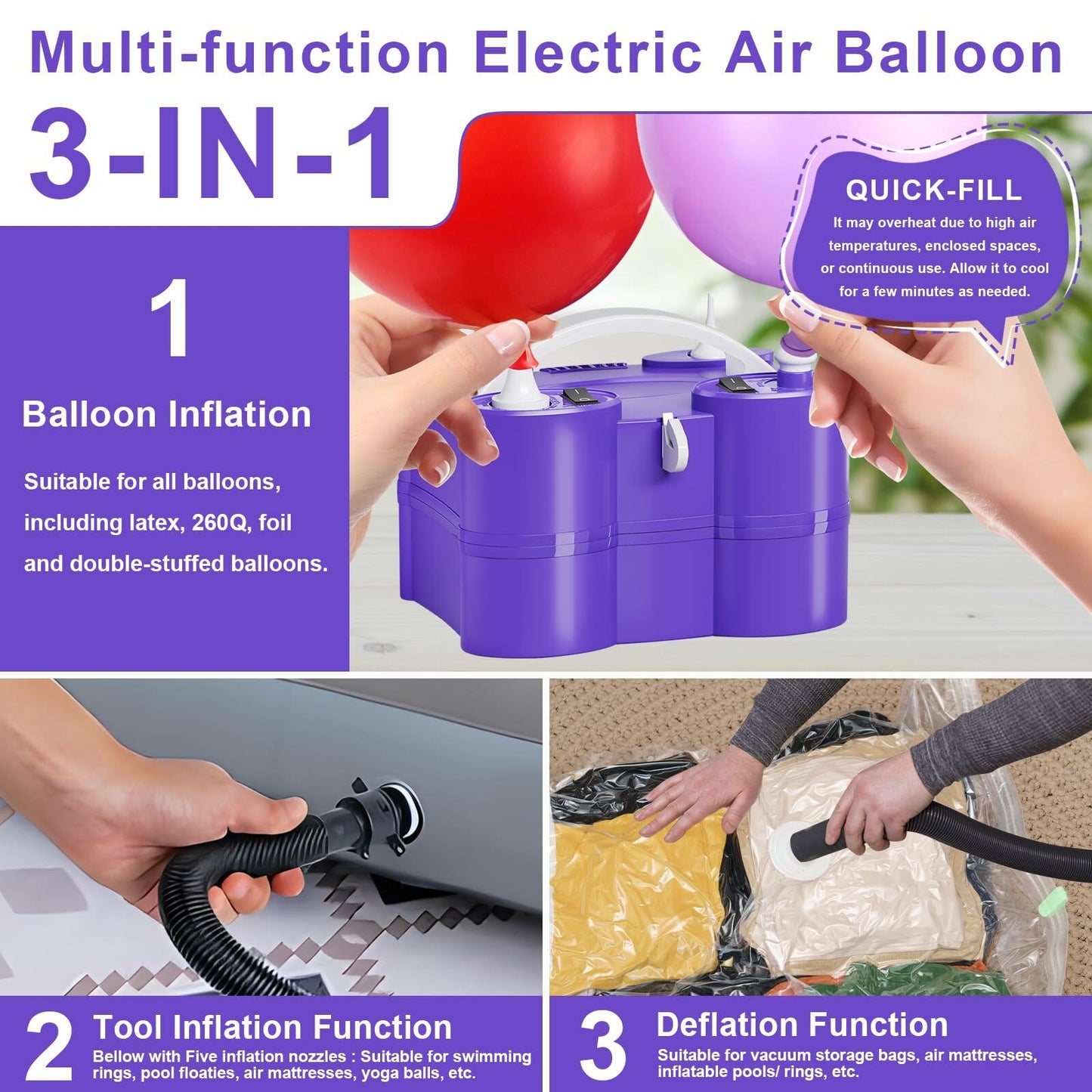 FLSEPAMB Electric Balloon Pump, 3-in-1 Portable Electric Air Balloon Blower Machine Balloon Pump 2 Motor Dual Nozzle Balloon Inflator for Latex 260Q Long Foil Balloons Swimming Rings Air Beds (Purple)