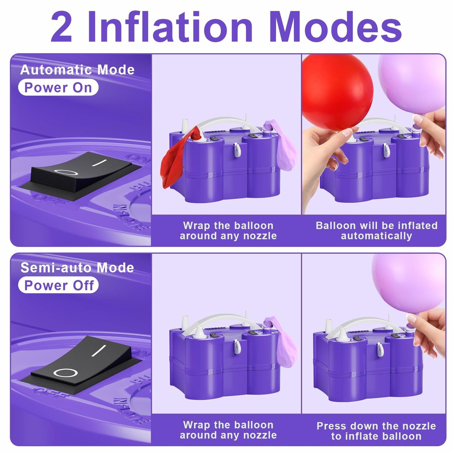 FLSEPAMB Electric Balloon Pump, 3-in-1 Portable Electric Air Balloon Blower Machine Balloon Pump 2 Motor Dual Nozzle Balloon Inflator for Latex 260Q Long Foil Balloons Swimming Rings Air Beds (Purple)
