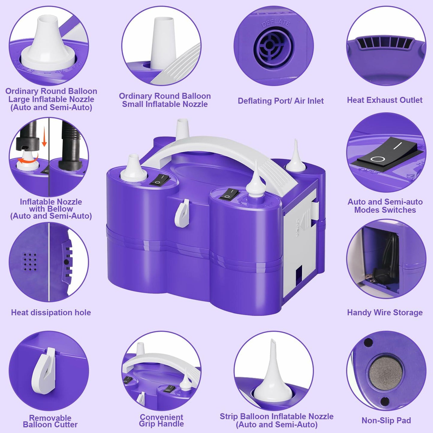 FLSEPAMB Electric Balloon Pump, 3-in-1 Portable Electric Air Balloon Blower Machine Balloon Pump 2 Motor Dual Nozzle Balloon Inflator for Latex 260Q Long Foil Balloons Swimming Rings Air Beds (Purple)