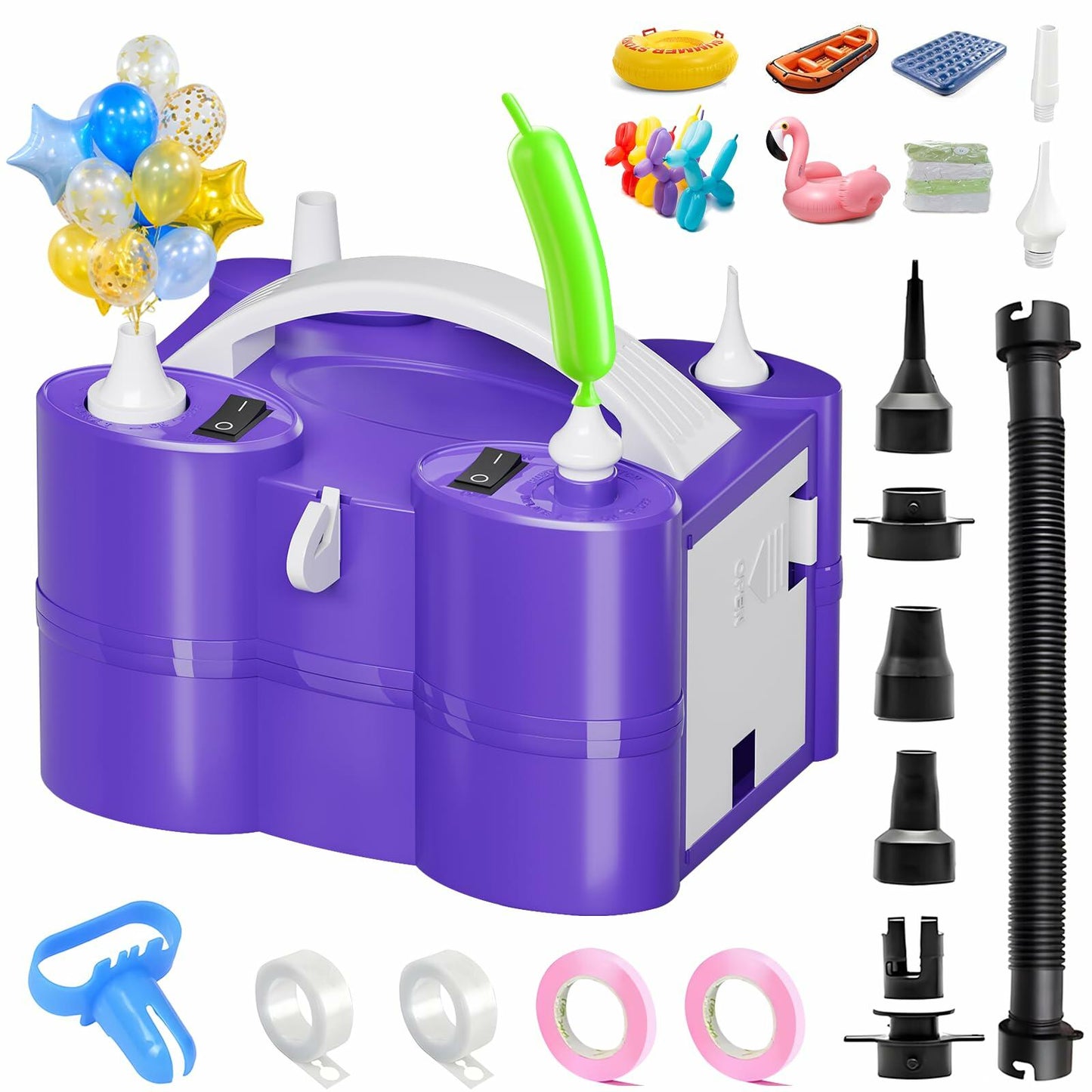 FLSEPAMB Electric Balloon Pump, 3-in-1 Portable Electric Air Balloon Blower Machine Balloon Pump 2 Motor Dual Nozzle Balloon Inflator for Latex 260Q Long Foil Balloons Swimming Rings Air Beds (Purple)