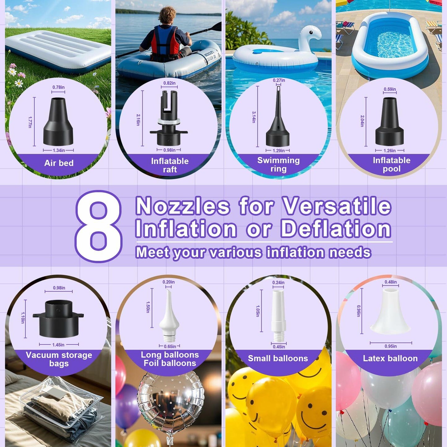 FLSEPAMB Electric Balloon Pump, 3-in-1 Portable Electric Air Balloon Blower Machine Balloon Pump 2 Motor Dual Nozzle Balloon Inflator for Latex 260Q Long Foil Balloons Swimming Rings Air Beds (Purple)