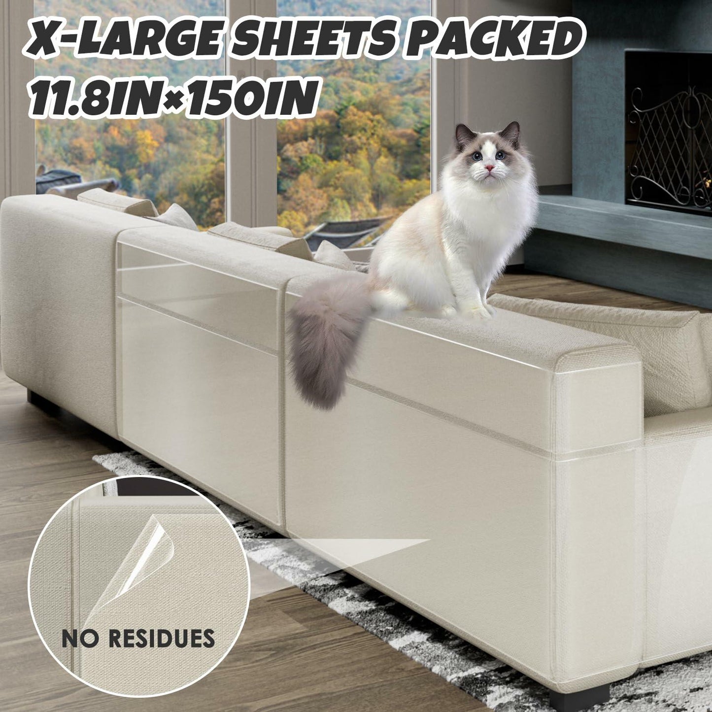 NO PINS Pain Cat Scratch Furniture Protector Thicken Self-Adhesive Single Side Couch Protector from Cat Claws,Furniture Protectors from Cats Scratching,Anti Scratch Deterren Protectors 150"x12"