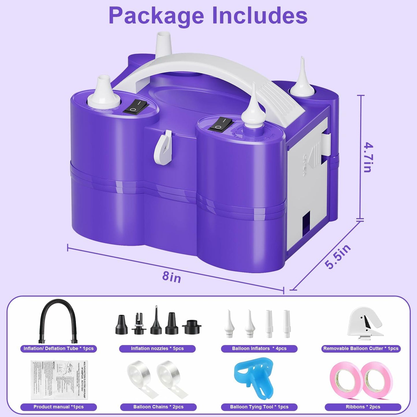 FLSEPAMB Electric Balloon Pump, 3-in-1 Portable Electric Air Balloon Blower Machine Balloon Pump 2 Motor Dual Nozzle Balloon Inflator for Latex 260Q Long Foil Balloons Swimming Rings Air Beds (Purple)