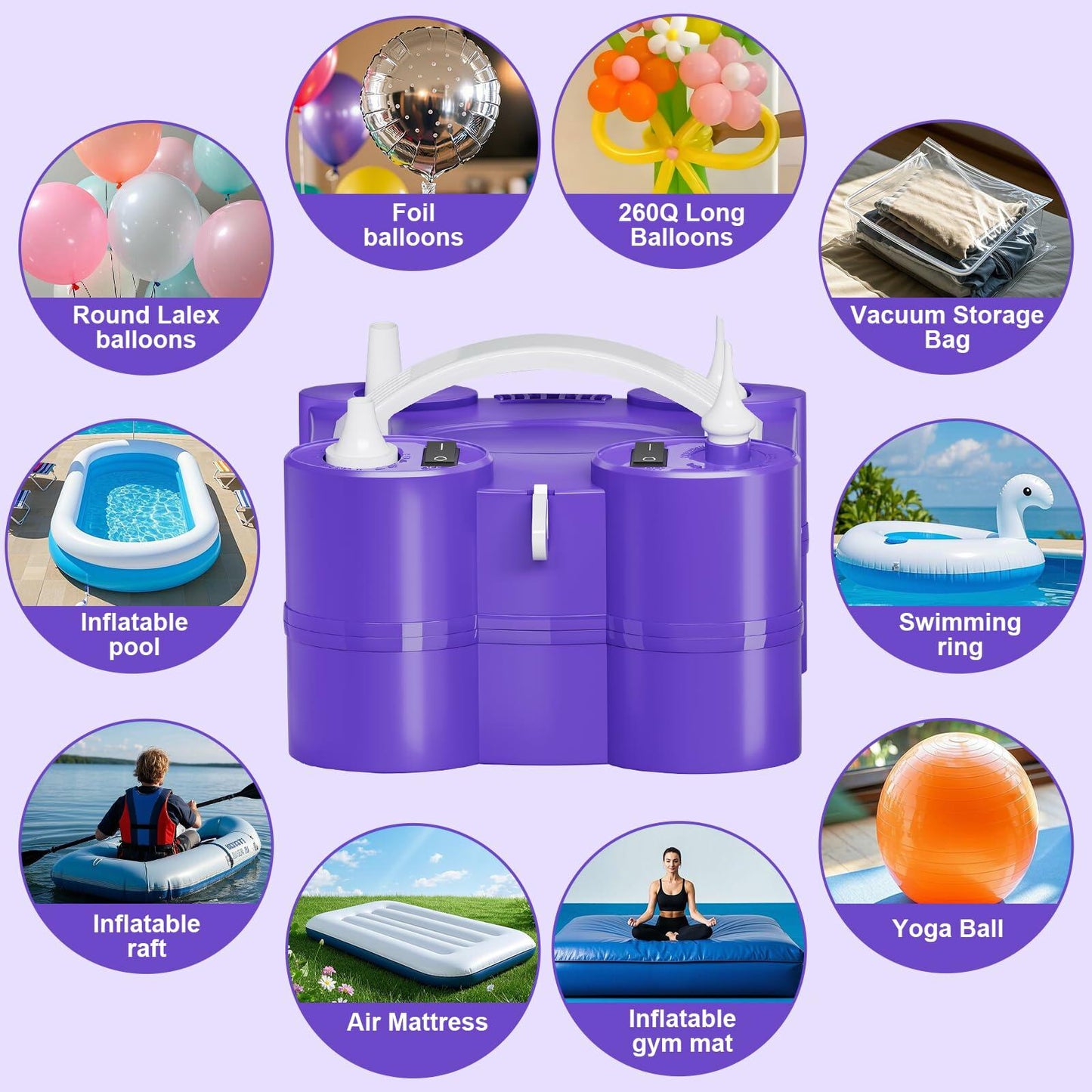 FLSEPAMB Electric Balloon Pump, 3-in-1 Portable Electric Air Balloon Blower Machine Balloon Pump 2 Motor Dual Nozzle Balloon Inflator for Latex 260Q Long Foil Balloons Swimming Rings Air Beds (Purple)