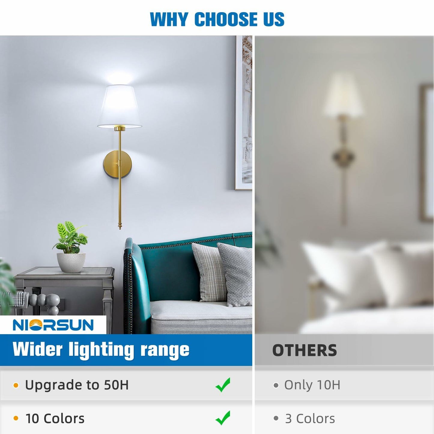 NIORSUN 19.9 inch Battery Operated Wall Sconce Set of 2,Gold Rechargeable Wall Lights with 5200mAh Dimmable Detachable Bulbs and Remote,10 Colors Wireless Sconces for Bedroom Living Room Hallway