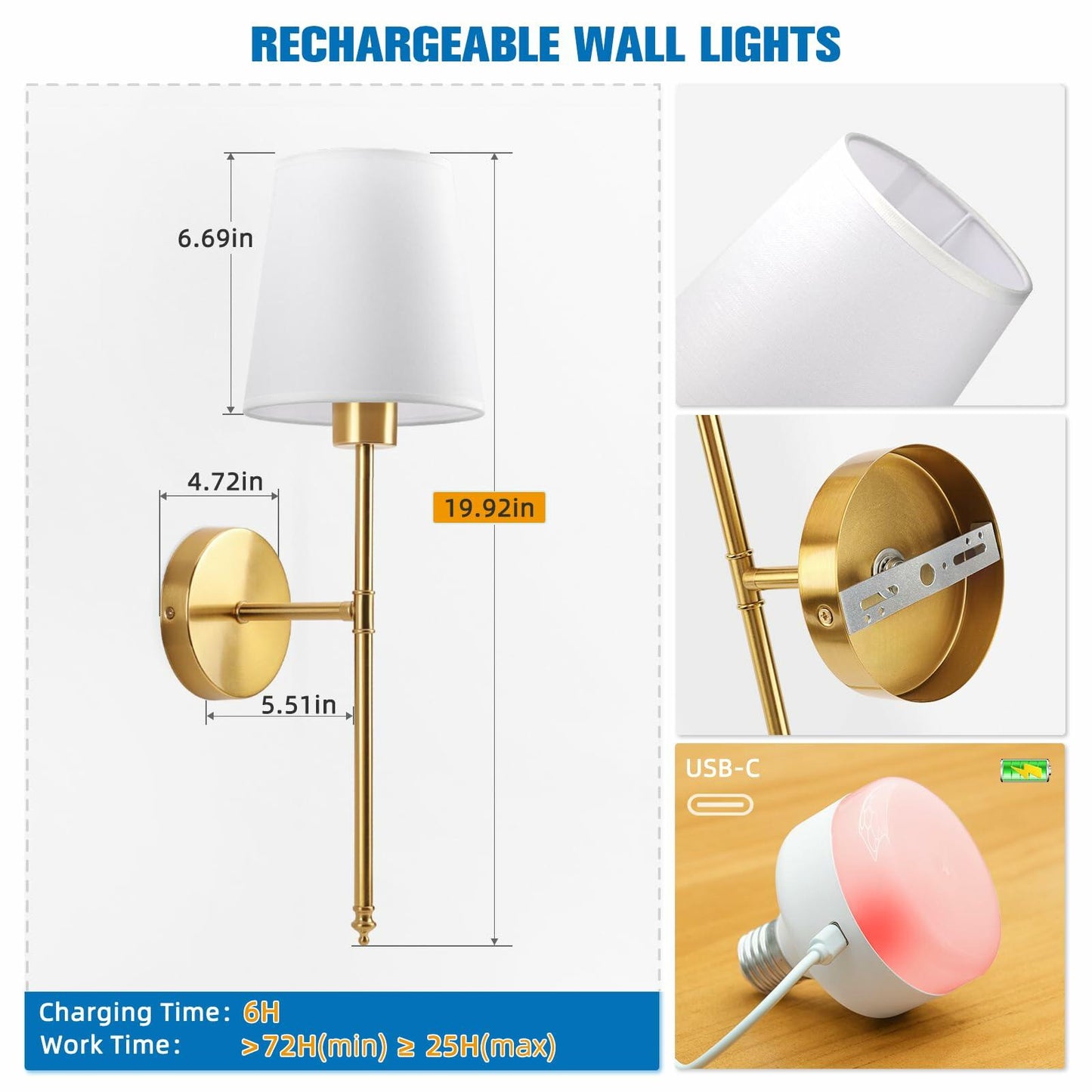 NIORSUN 19.9 inch Battery Operated Wall Sconce Set of 2,Gold Rechargeable Wall Lights with 5200mAh Dimmable Detachable Bulbs and Remote,10 Colors Wireless Sconces for Bedroom Living Room Hallway