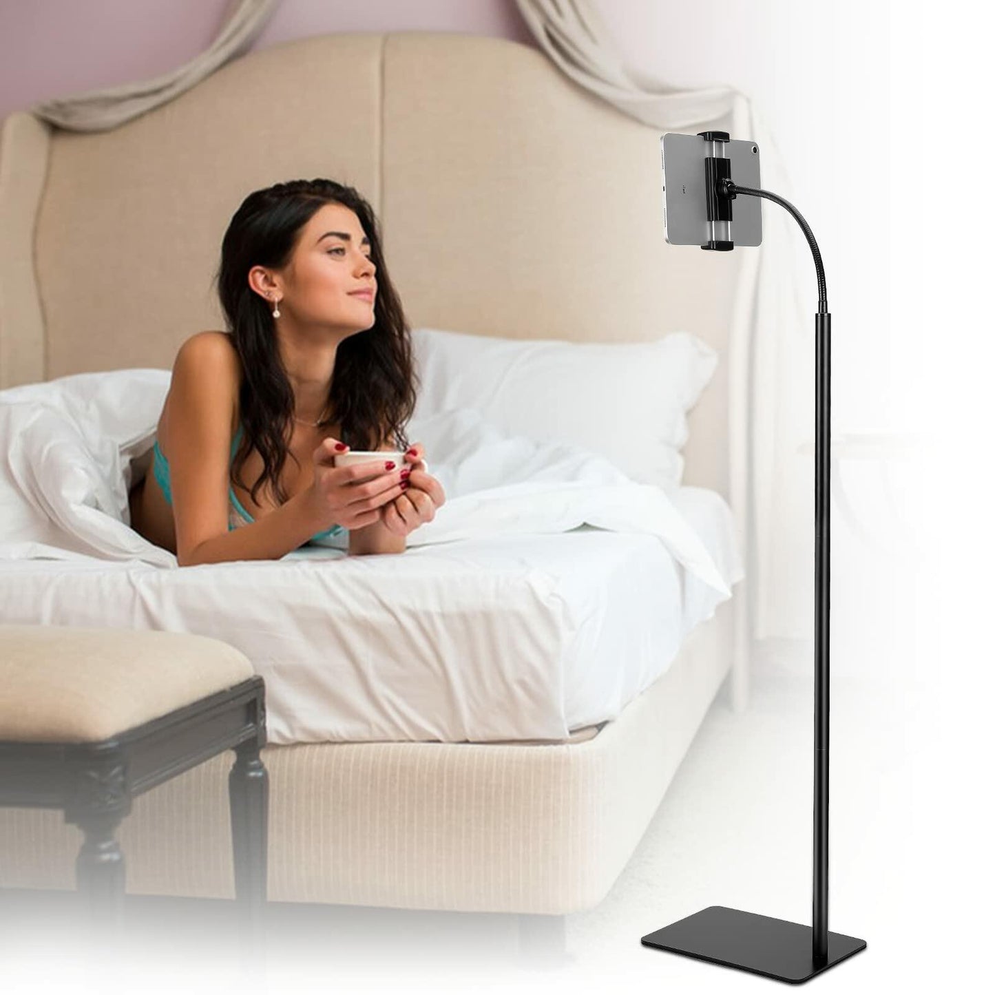 LanPavilion iPad Stand, Adjustable Tablet Floor Stand Metal Tablet Holder with Flexible Gooseneck, Compatible with iPad, Kindle, and Cell Phones (4.7''-13''), Ideal for Hands-Free Use
