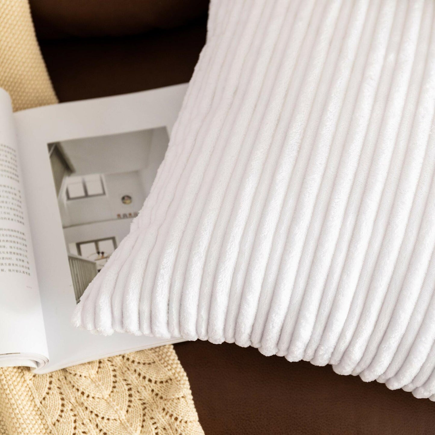 UGASA Corduroy Striped Soft Soild Decorative Square Throw Pillow Covers Set Cushion Cases Pillowcases for Sofa Bedroom, 2 Pcs, 24x24inch, Pure White