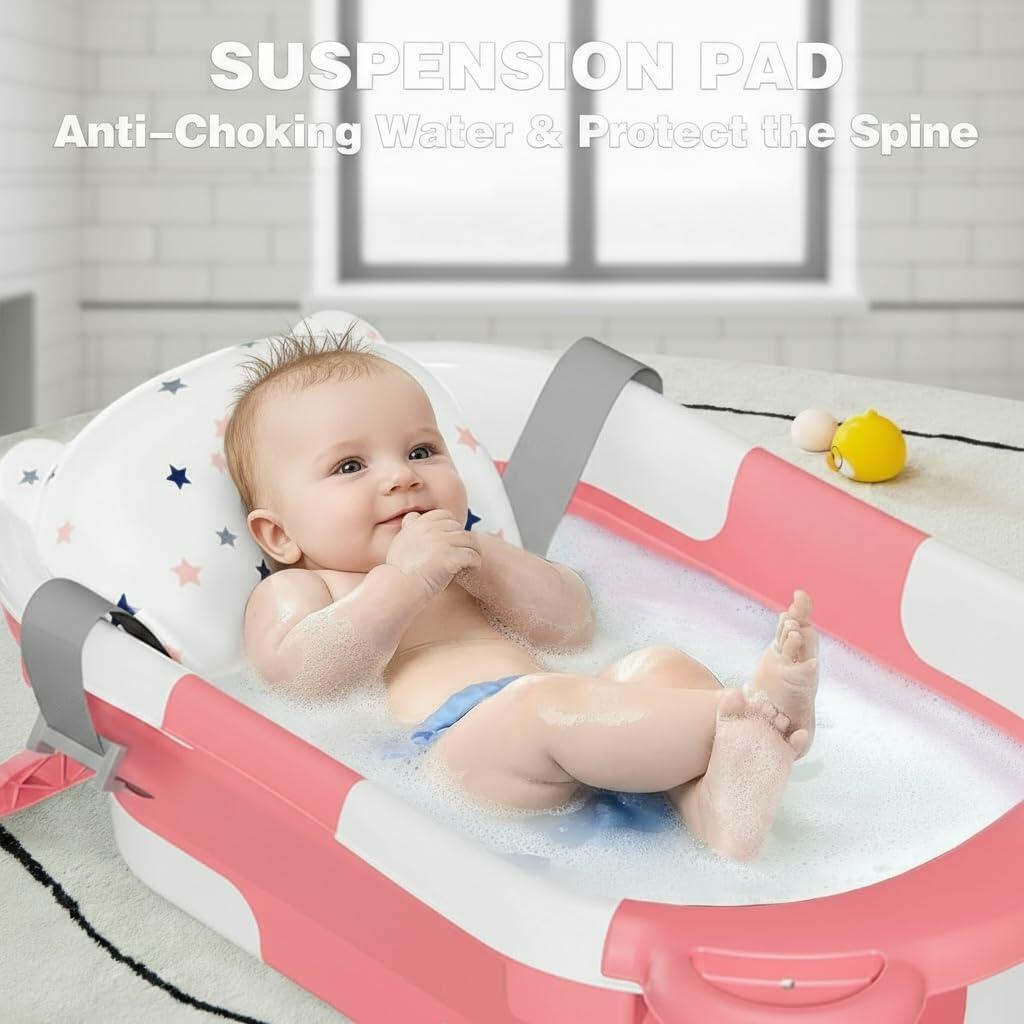 TPN Collapsible Baby Bathtub, Baby Bath Tub with Soft Cushion & Real-Time Thermometer, Baby Bathtub Infant to Toddler Tub (0-36 Months), Portable Travel Baby Tubs for Newborns (Pink)