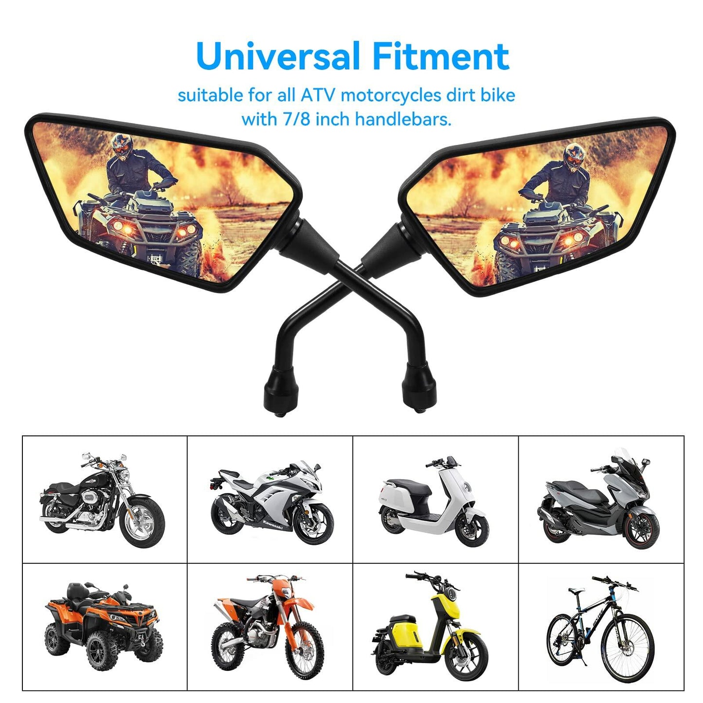 ATV Mirror, Side Rearview Mirrors for Bike Motorcycle ATV Scooter Cruiser with 8mm 10mm Bolt, 7/8" Handle Bar Mount Clamp Compatible with Suzuki Yamaha Honda Kawasaki Victory and More