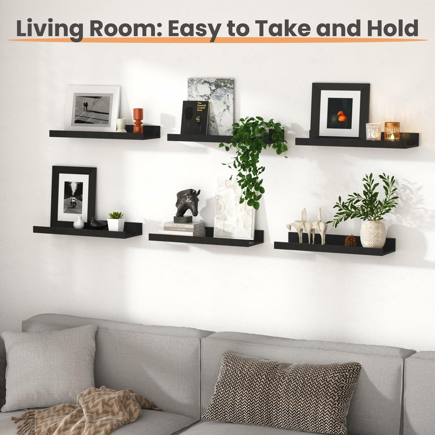 upsimples Floating Shelves for Wall, Wall Shelves for Decor Storage Set of 6, Wall Mounted Wood Shelf for Bedroom, Living Room, Bathroom, Kitchen, Picture Ledge Shelf, Black