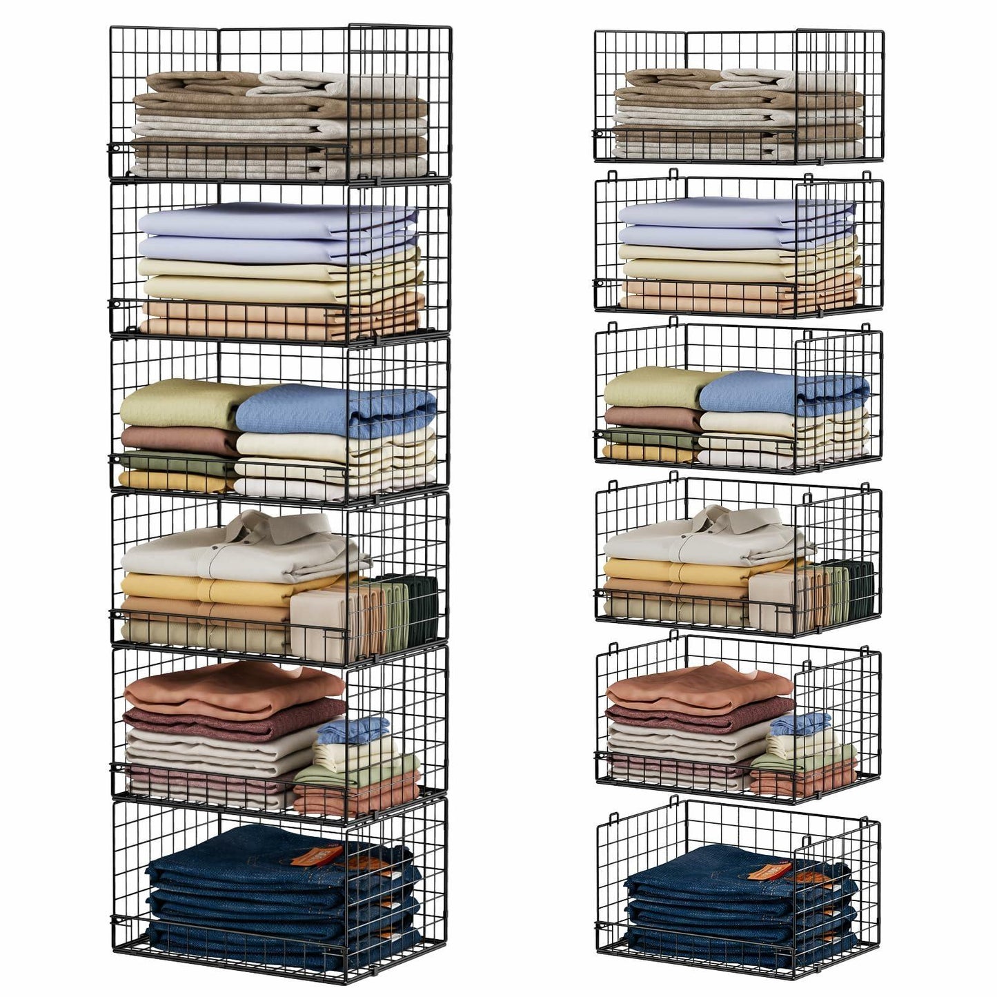 Yociyoga 6-Tier Stackable Closet Organizers and Storage Shelves, Closet Shelf Organizer Basket Bins, Foldable Sweater Storage for Clothes Organizer System, Black(Patent Pending)