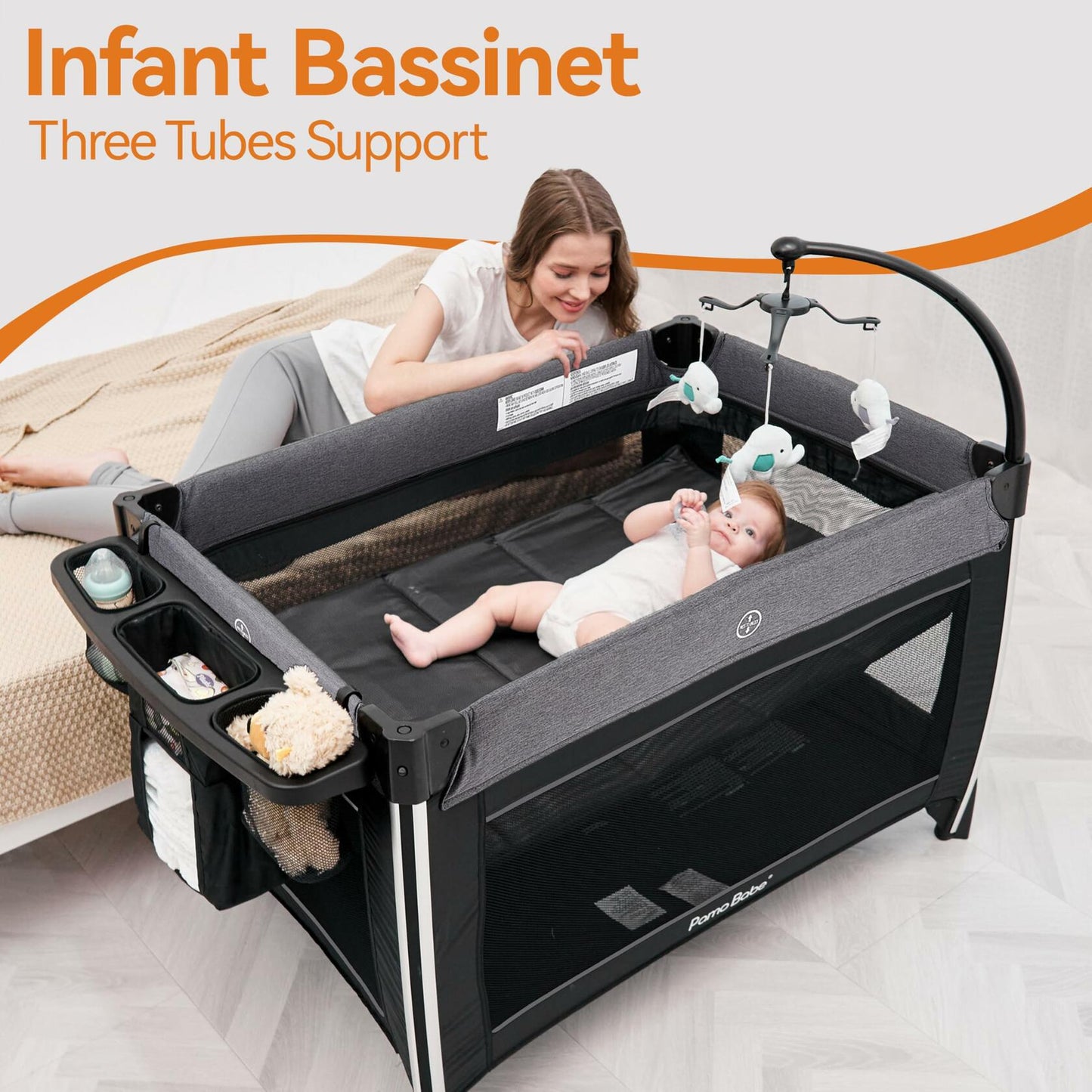 Pamo Babe 4 in 1 Portable Baby Crib Deluxe Nursery Center, Foldable Travel Playard with Bassinet, Mattress, Changing Table for Newborn, Infant, Toddler(Grey)