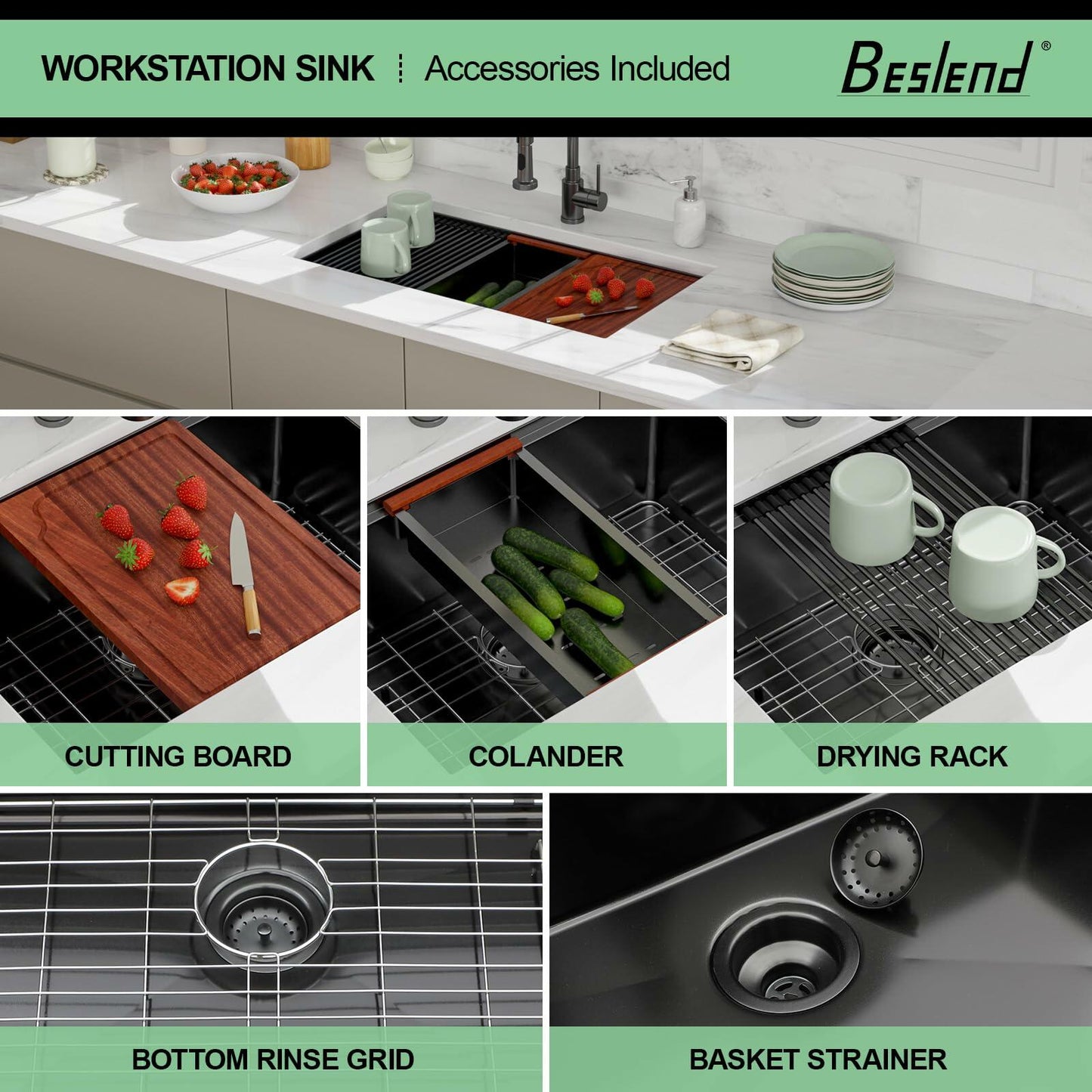 33 Inch Black Undermount Workstation Kitchen Sink -Beslend Stainless Steel Gunmetal NANO-PVD Black Sinks 16 Gauge Deep Single Bowl Ledge Round Corner Basin 33”x19”x10”