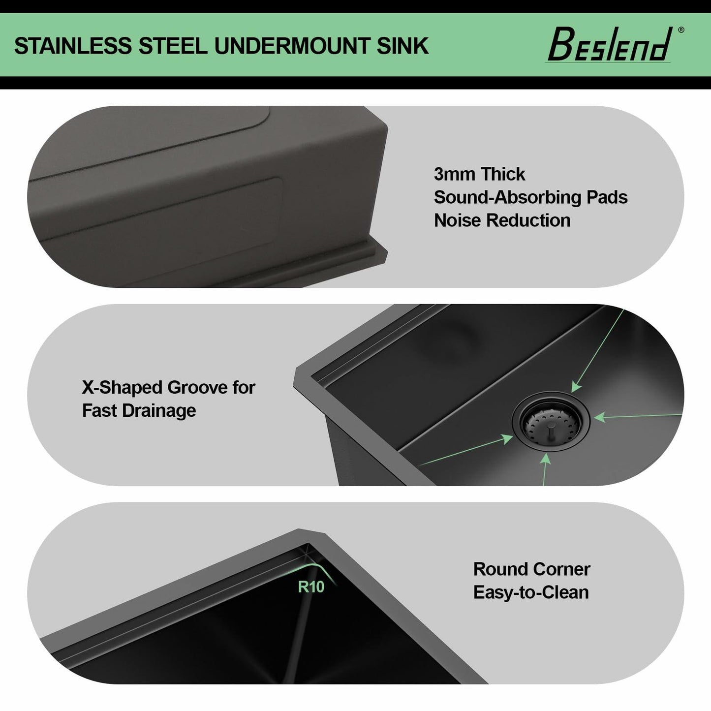 33 Inch Black Undermount Workstation Kitchen Sink -Beslend Stainless Steel Gunmetal NANO-PVD Black Sinks 16 Gauge Deep Single Bowl Ledge Round Corner Basin 33”x19”x10”