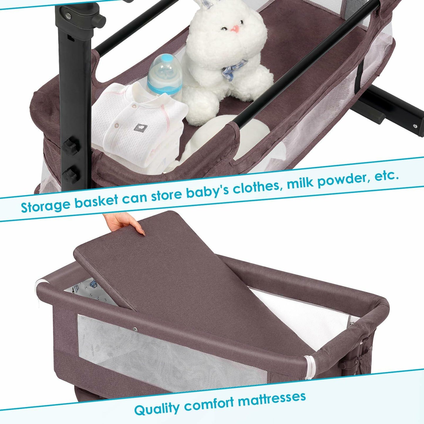 YADAQE Baby Bassinet, Baby Basinet Bedside Sleeper, Easy to Fold Portable Crib Side Bassinet 2025new Style Girl/boy bassinets (Brown)