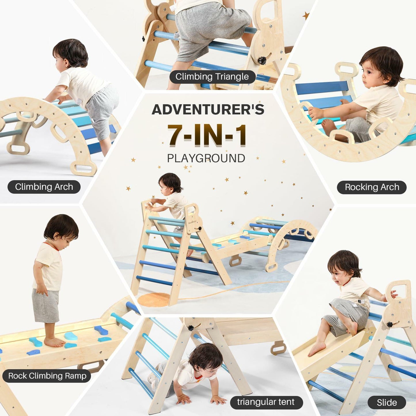 BlueWood Pikler Triangle Set 7in1 Foldable Baby Climbing Toys Wooden Montessori Climbing Set with Arch&Ramp&Ladder Baby Climber Indoor Jungle Gyms for Toddlers Montessori Toys - Sky Blue