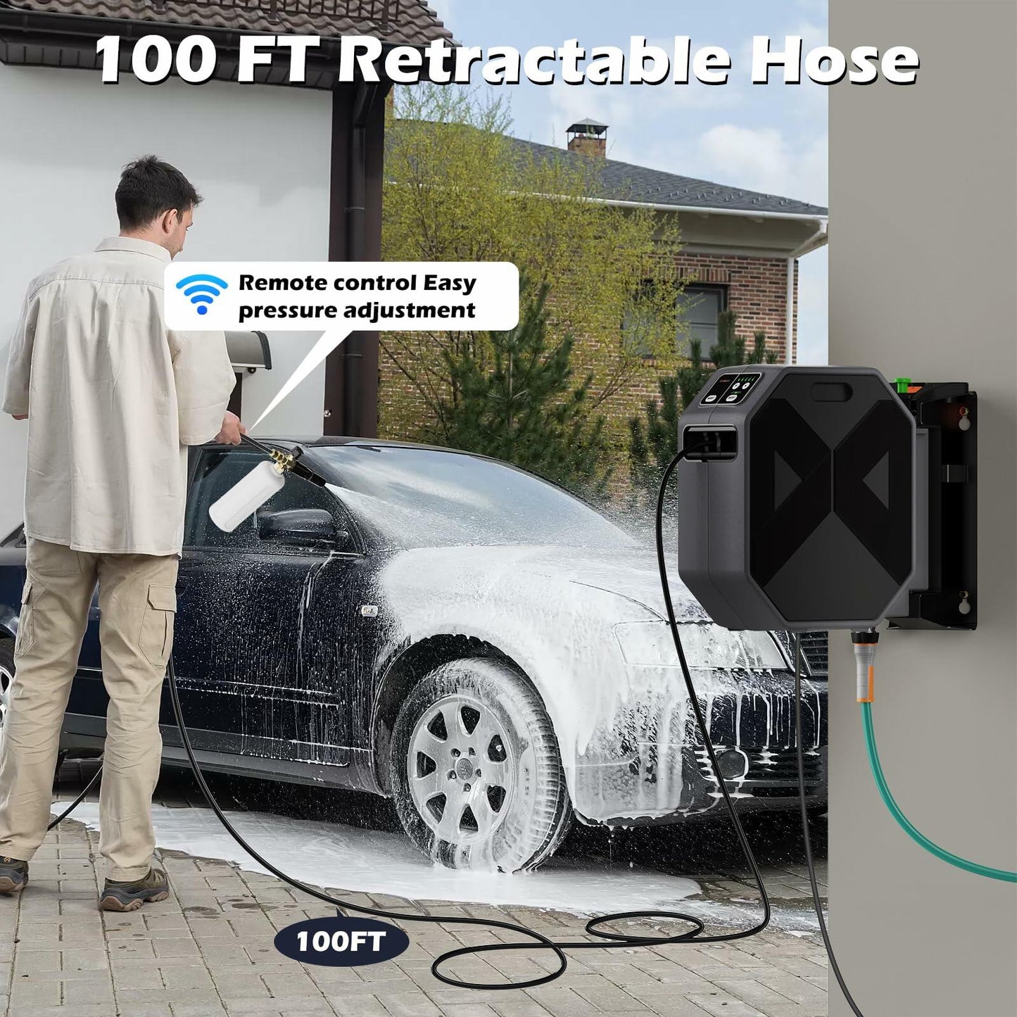 WISSIPRO Electric Wall Mounted Power Washer -5000PSI 3.4GPM Adjustable Pressure Washer, Power Washer with GFCI Power Cord 100FT Retractable Hose and 1L Foam Canno for Cars, Driveways, Patios