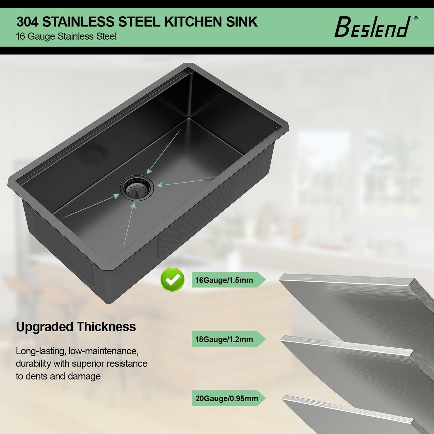 33 Inch Black Undermount Workstation Kitchen Sink -Beslend Stainless Steel Gunmetal NANO-PVD Black Sinks 16 Gauge Deep Single Bowl Ledge Round Corner Basin 33”x19”x10”
