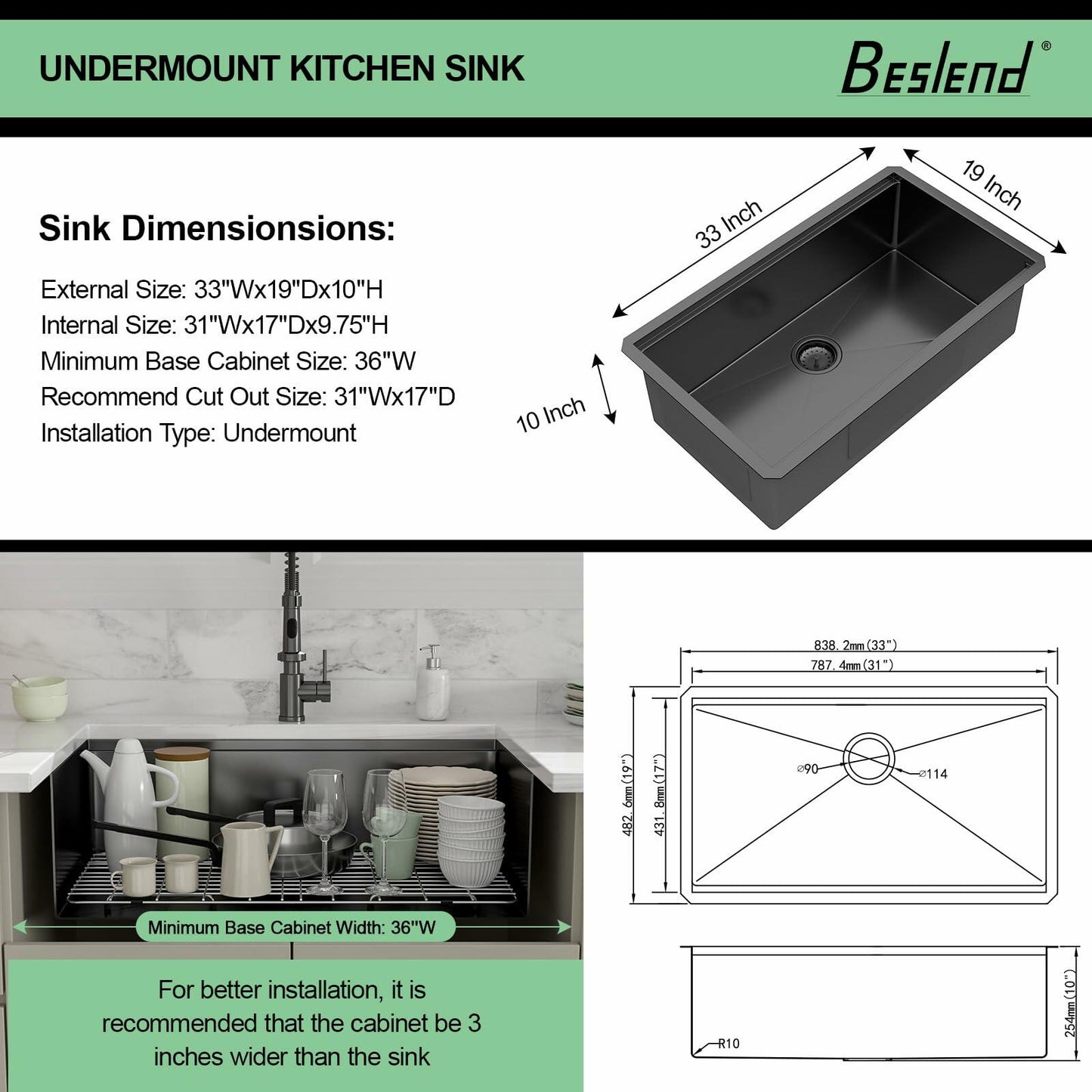 33 Inch Black Undermount Workstation Kitchen Sink -Beslend Stainless Steel Gunmetal NANO-PVD Black Sinks 16 Gauge Deep Single Bowl Ledge Round Corner Basin 33”x19”x10”
