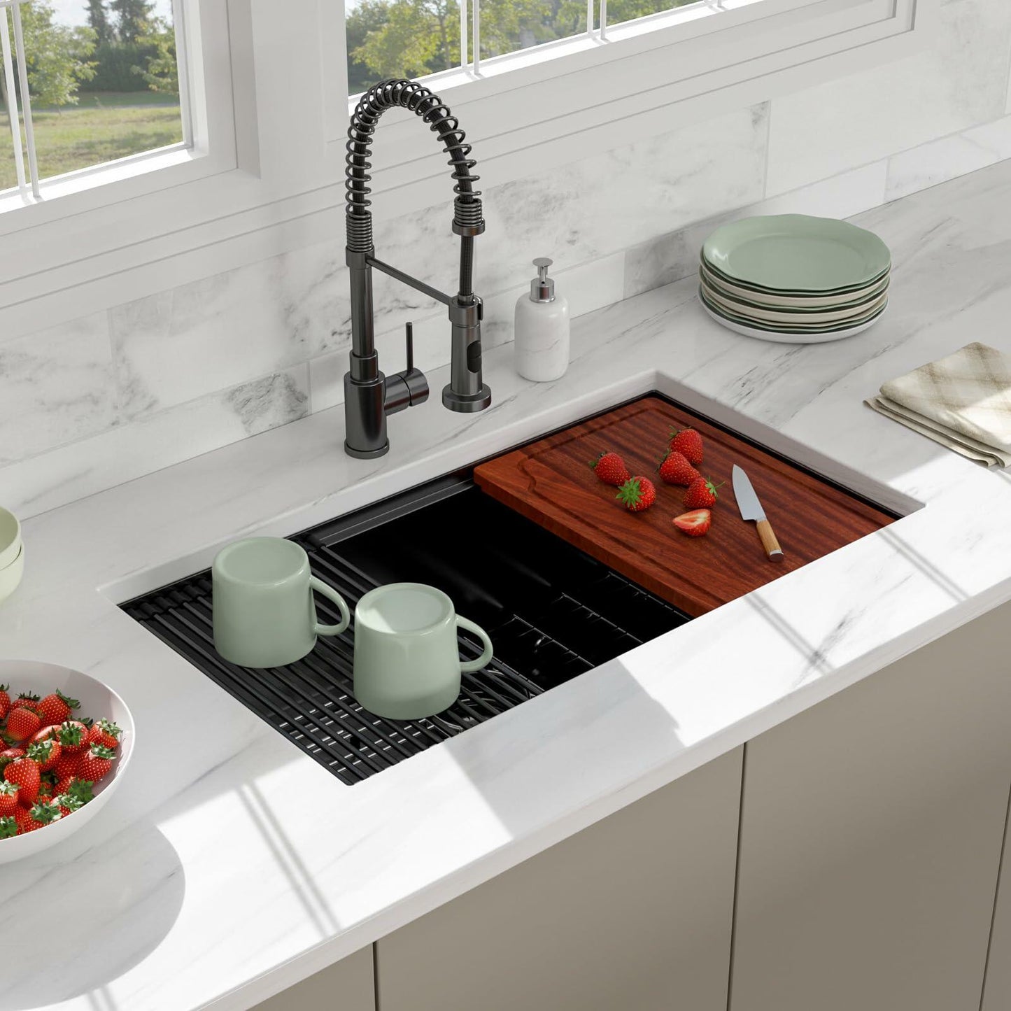 33 Inch Black Undermount Workstation Kitchen Sink -Beslend Stainless Steel Gunmetal NANO-PVD Black Sinks 16 Gauge Deep Single Bowl Ledge Round Corner Basin 33”x19”x10”