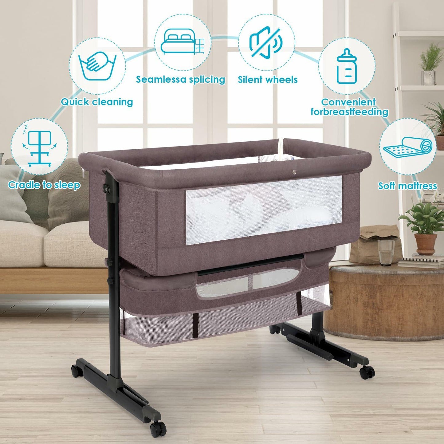 YADAQE Baby Bassinet, Baby Basinet Bedside Sleeper, Easy to Fold Portable Crib Side Bassinet 2025new Style Girl/boy bassinets (Brown)