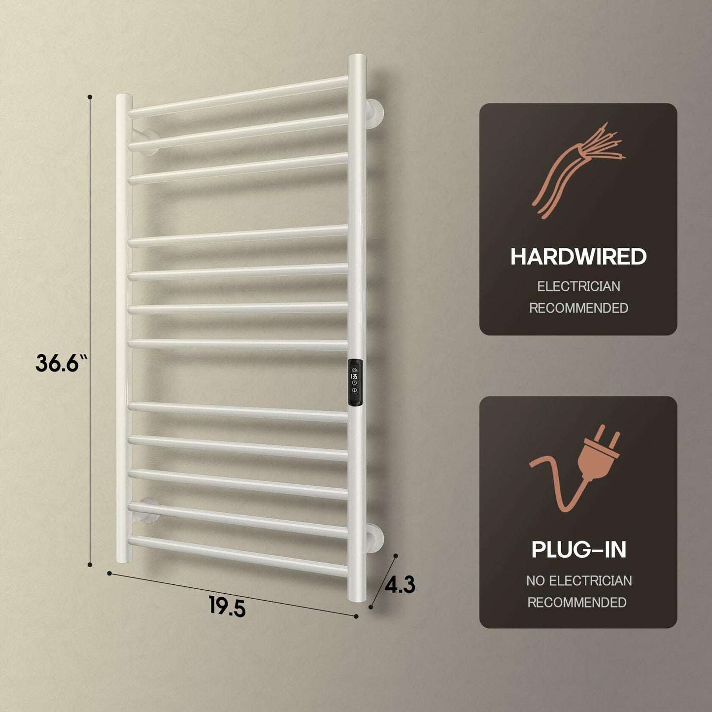 Poloma Wall Mounted Towel Warmer Rack for Bathrooms, Electric Heated Towel Rack Heater, Stainless Steel 12Bars White.