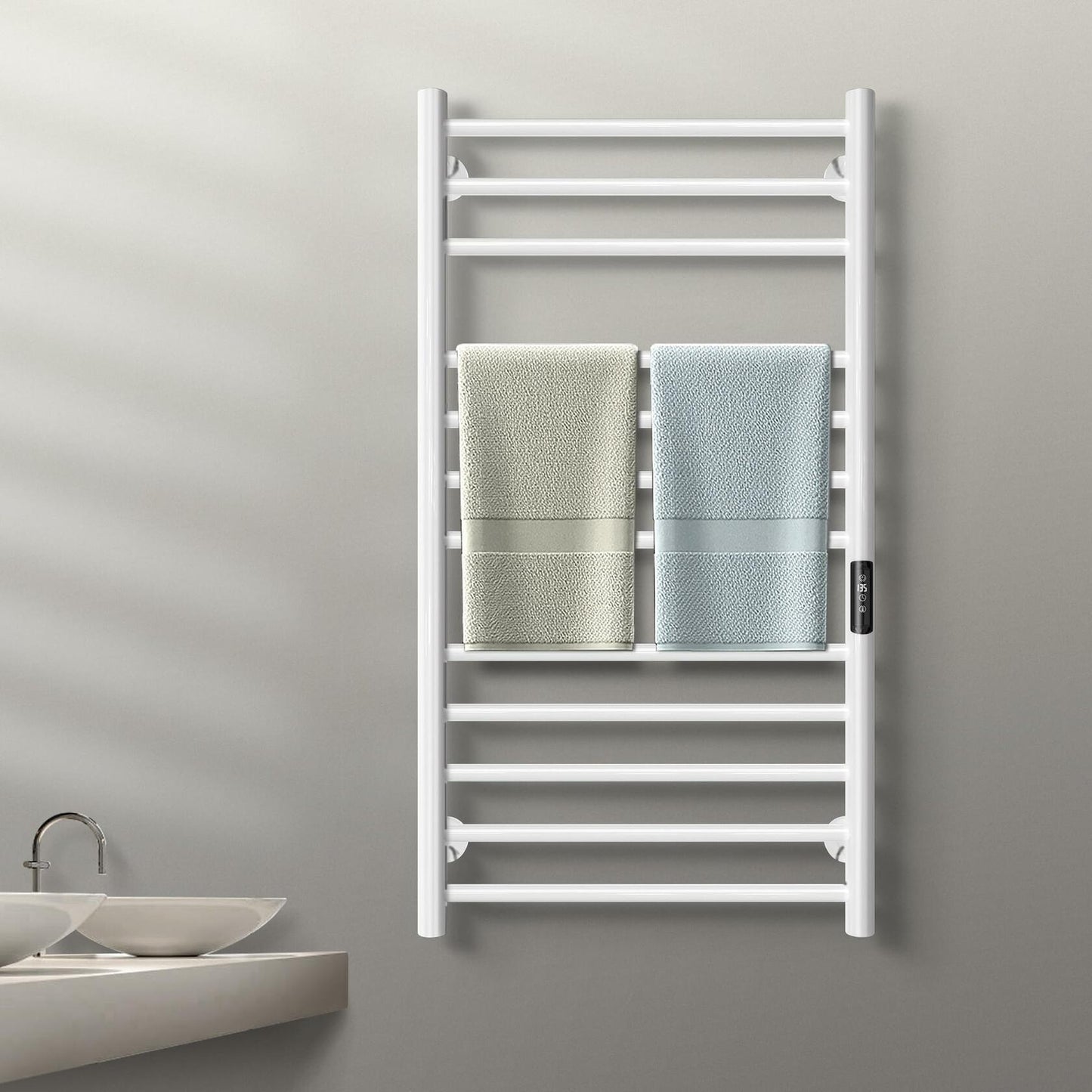 Poloma Wall Mounted Towel Warmer Rack for Bathrooms, Electric Heated Towel Rack Heater, Stainless Steel 12Bars White.
