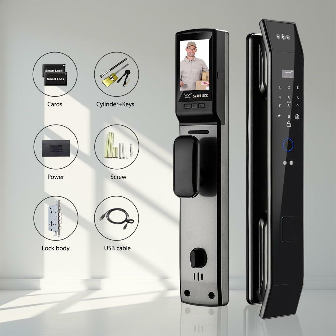 Smart WiFi Door Lock with 3D Face Recognition, Fingerprint, Video Doorbell & Intercom | Keyless Entry via Passcode, IC Card, Tuya App & Mechanical Key | Camera Security System for Front Door