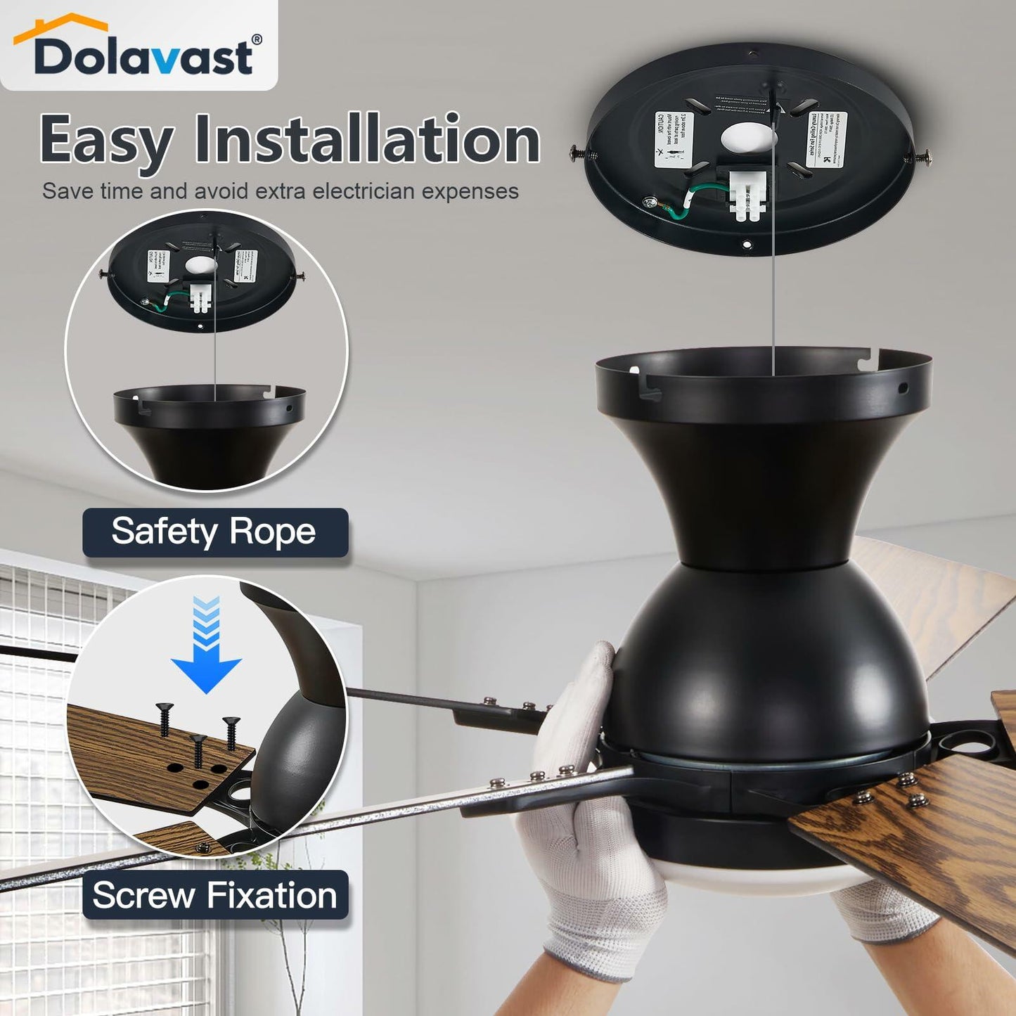 Dolavast Ceiling Fans with Lights, 52 Inch Low Profile Ceiling Fan with Light and Remote Control, Flush Mount, Reversible, 3CCT, Dimmable LED, Quiet, Black Ceiling Fan for Bedroom, Living Room