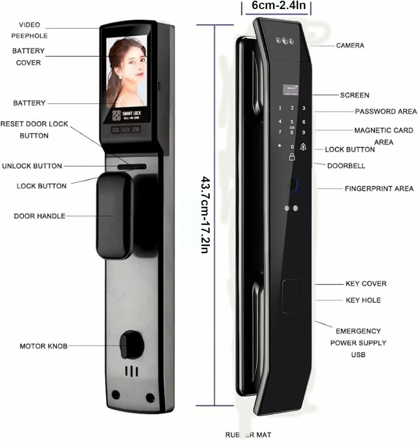 Smart WiFi Door Lock with 3D Face Recognition, Fingerprint, Video Doorbell & Intercom | Keyless Entry via Passcode, IC Card, Tuya App & Mechanical Key | Camera Security System for Front Door