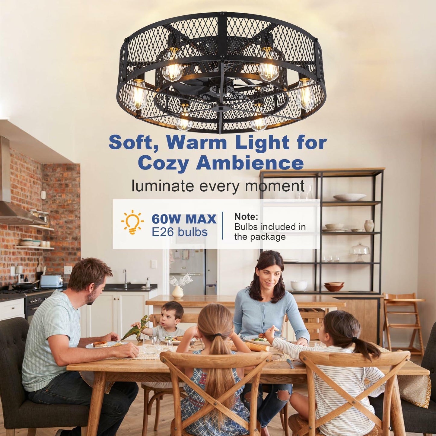 BvenuBigLite Caged Ceiling Fan with Light: 26 Inch Ceiling Fan with Remote APP Control Quiet DC Motor - Farmhouse Ceiling Fans Plastic Cage for Rustic Kitchen Bedroom (E26 Bulbs Included)