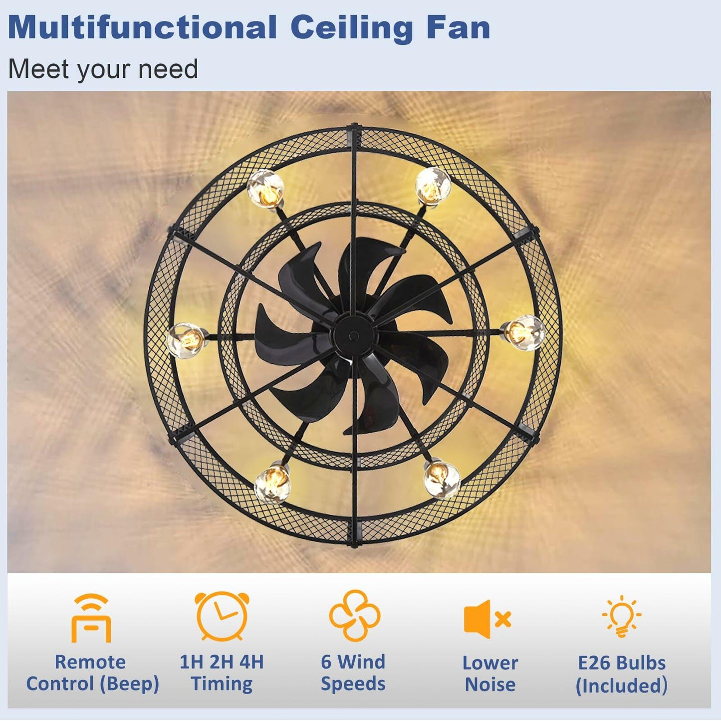 BvenuBigLite Caged Ceiling Fan with Light: 26 Inch Ceiling Fan with Remote APP Control Quiet DC Motor - Farmhouse Ceiling Fans Plastic Cage for Rustic Kitchen Bedroom (E26 Bulbs Included)