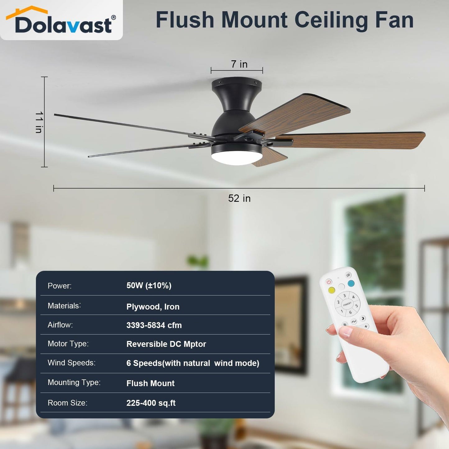 Dolavast Ceiling Fans with Lights, 52 Inch Low Profile Ceiling Fan with Light and Remote Control, Flush Mount, Reversible, 3CCT, Dimmable LED, Quiet, Black Ceiling Fan for Bedroom, Living Room