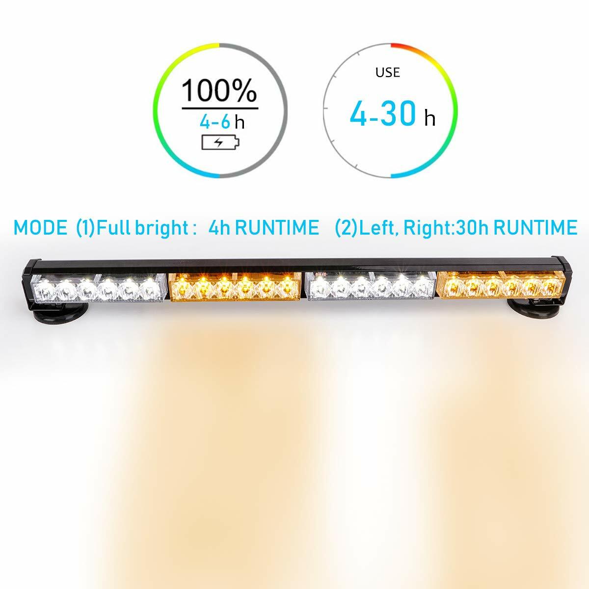 LE-JX 24” Amber/White Wireless Traffic Advisor Emergency Lights Bar Battery Led Strobe Warning Light Roof Top Hazard Flash with Magnetic Base Mount and 12V Rechargeable Plug (24 LEDs)
