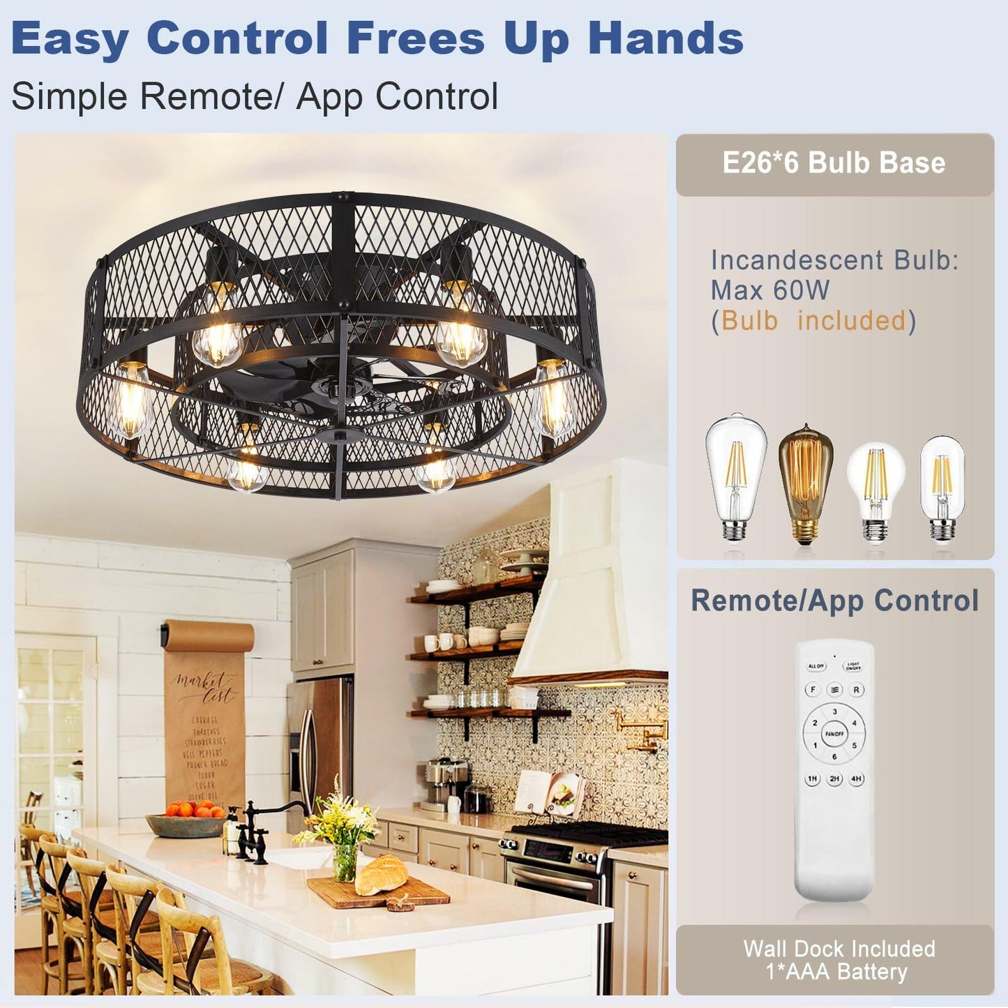 BvenuBigLite Caged Ceiling Fan with Light: 26 Inch Ceiling Fan with Remote APP Control Quiet DC Motor - Farmhouse Ceiling Fans Plastic Cage for Rustic Kitchen Bedroom (E26 Bulbs Included)