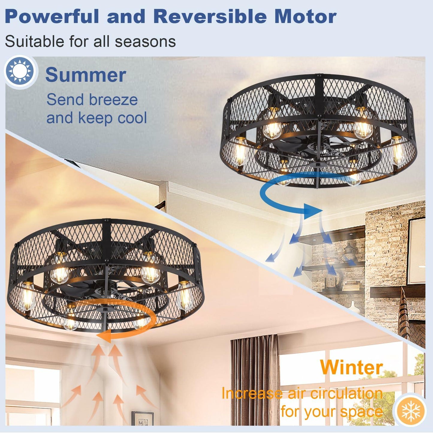 BvenuBigLite Caged Ceiling Fan with Light: 26 Inch Ceiling Fan with Remote APP Control Quiet DC Motor - Farmhouse Ceiling Fans Plastic Cage for Rustic Kitchen Bedroom (E26 Bulbs Included)