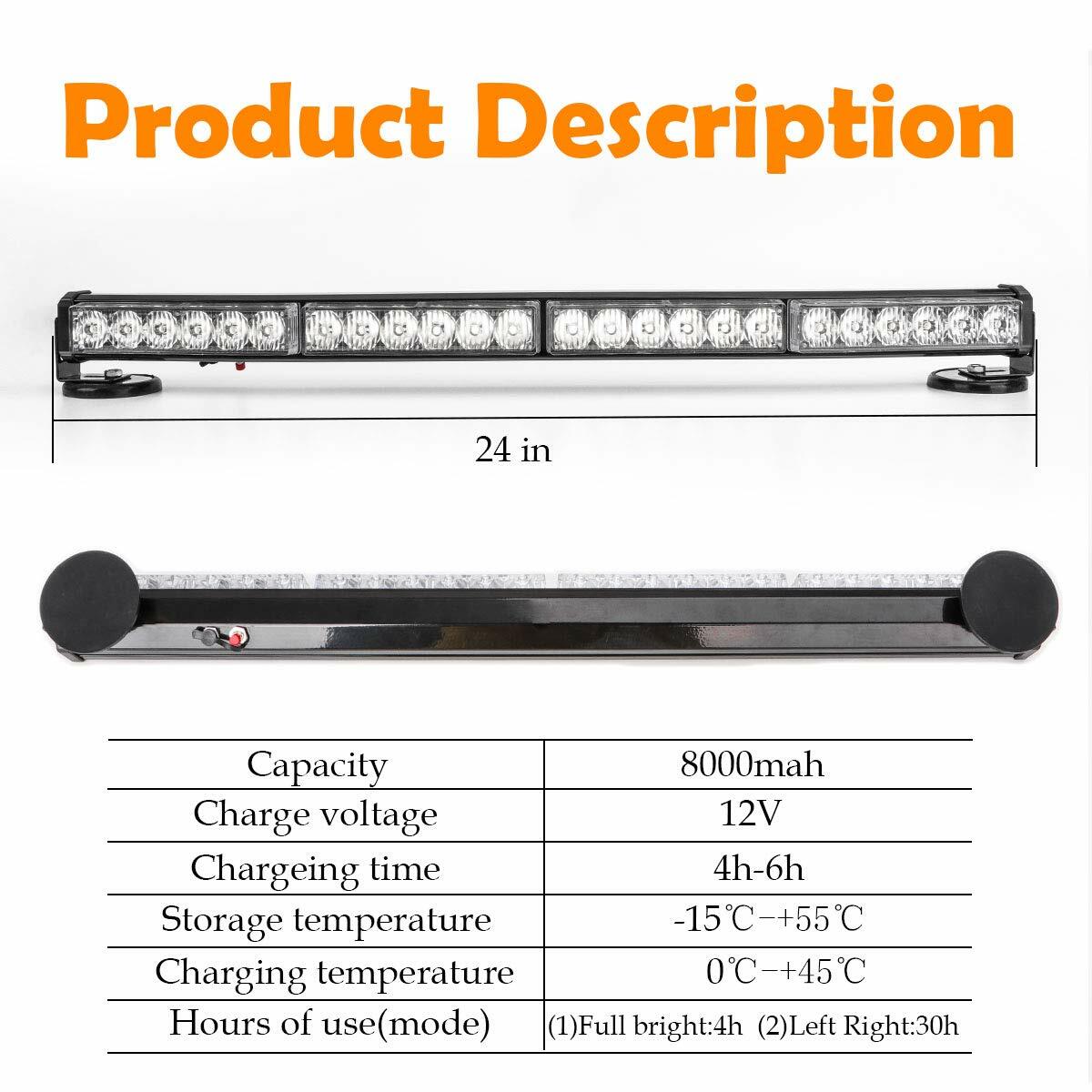 LE-JX 24” Amber/White Wireless Traffic Advisor Emergency Lights Bar Battery Led Strobe Warning Light Roof Top Hazard Flash with Magnetic Base Mount and 12V Rechargeable Plug (24 LEDs)