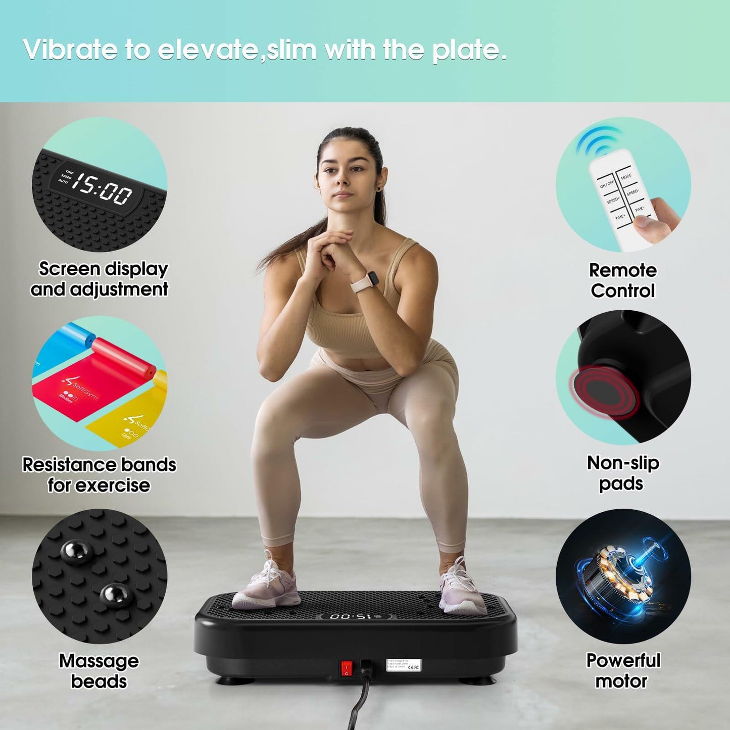 SoftGym Vibration Plate Exercise Machine for Lymphatic Drainage,Power Vibrate Stand Shake Board 450 Lbs Capacity Whole Body Workout Waver with Resistance Bands Weight Loss Gifts for Women Men-Black