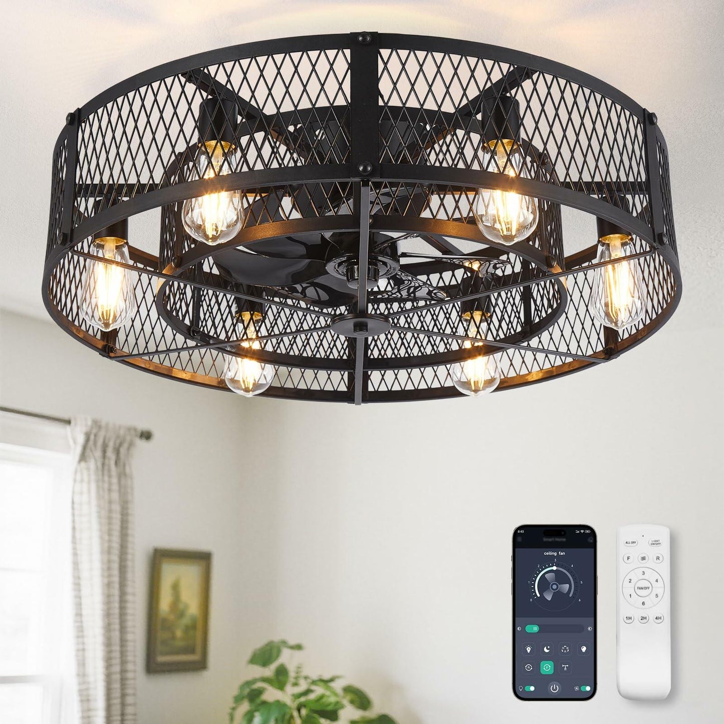 BvenuBigLite Caged Ceiling Fan with Light: 26 Inch Ceiling Fan with Remote APP Control Quiet DC Motor - Farmhouse Ceiling Fans Plastic Cage for Rustic Kitchen Bedroom (E26 Bulbs Included)