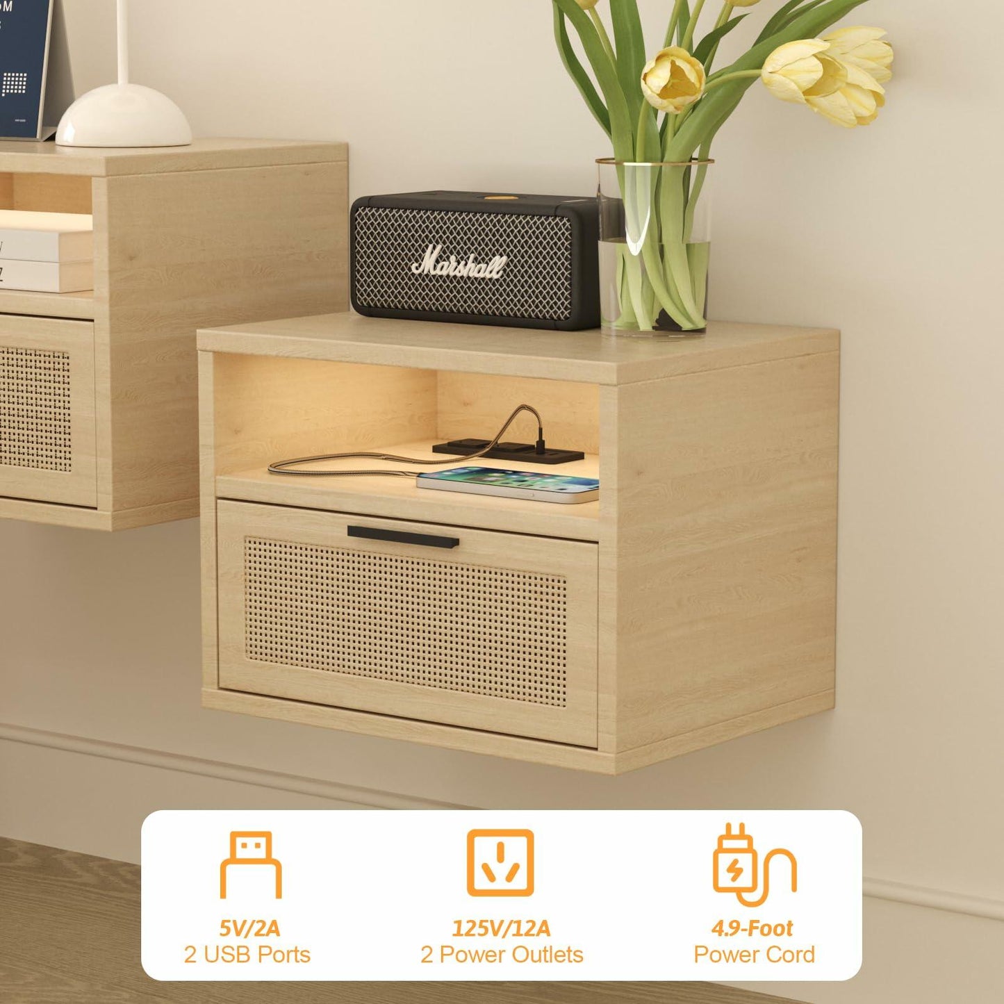 Floating nightstand Set of 2 with USB Ports, outlets, and led Light Strip – Modern Wall-Mounted nightstands with Oak and Rattan Design (Floating nightstand Set of 2)
