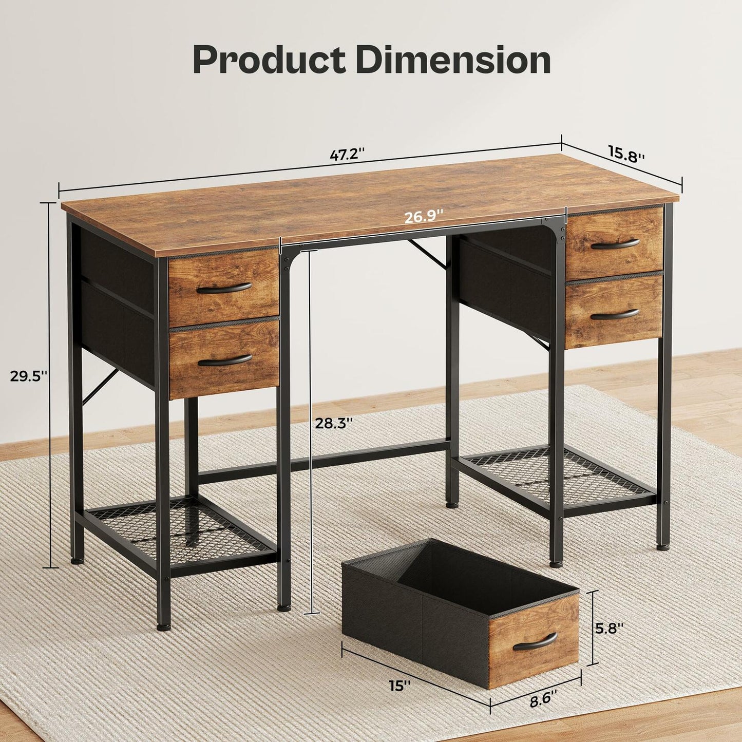 Huuger 47 Inch Computer Desk with 4 Drawers, Office Desk with Mesh Shelf, Gaming Desk, Large Storage, Writing Work Desk for Home Office, Study, Bedroom, Work from Home, Rustic Brown