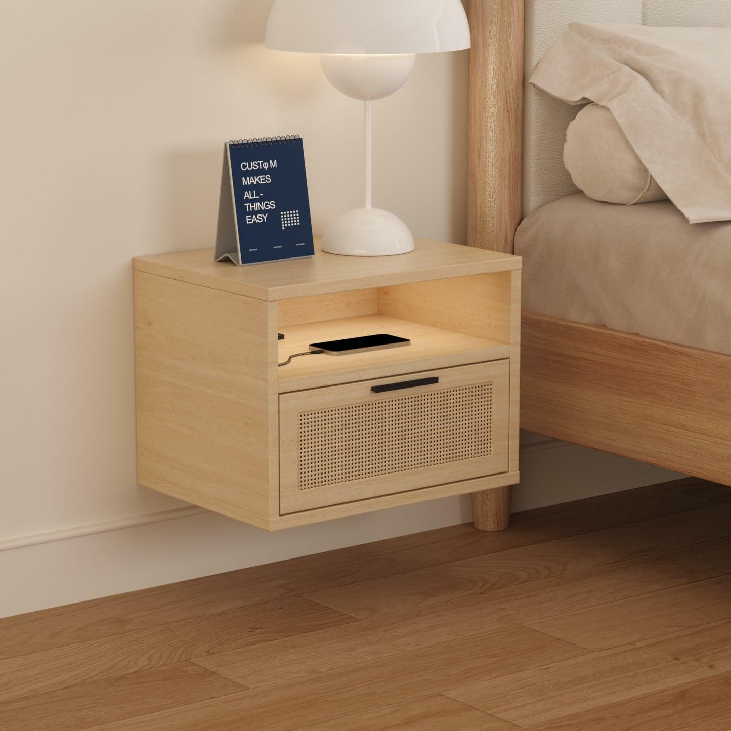 Floating nightstand Set of 2 with USB Ports, outlets, and led Light Strip – Modern Wall-Mounted nightstands with Oak and Rattan Design (Floating nightstand Set of 2)